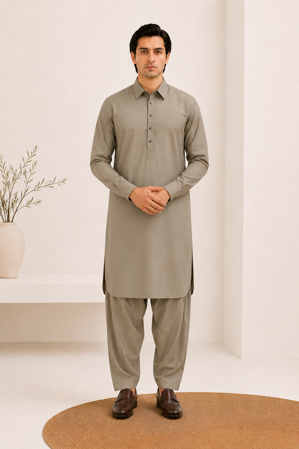 Sand Beige French Collar Kameez Shalwar - Men - Men