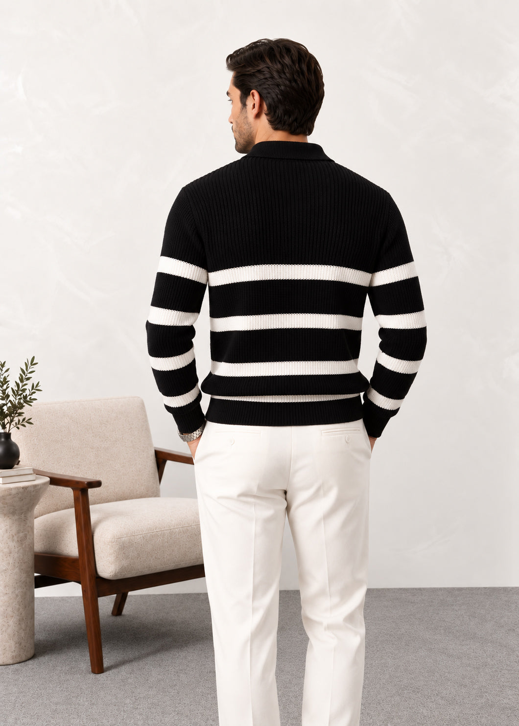 Black Striper Polo Sweater