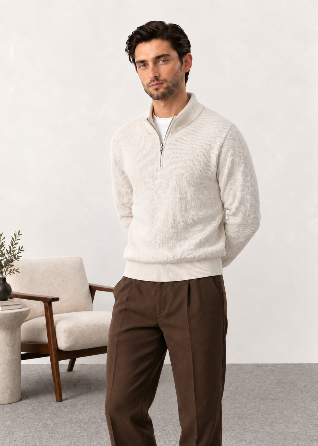 Ivory White Zipper Polo Sweater