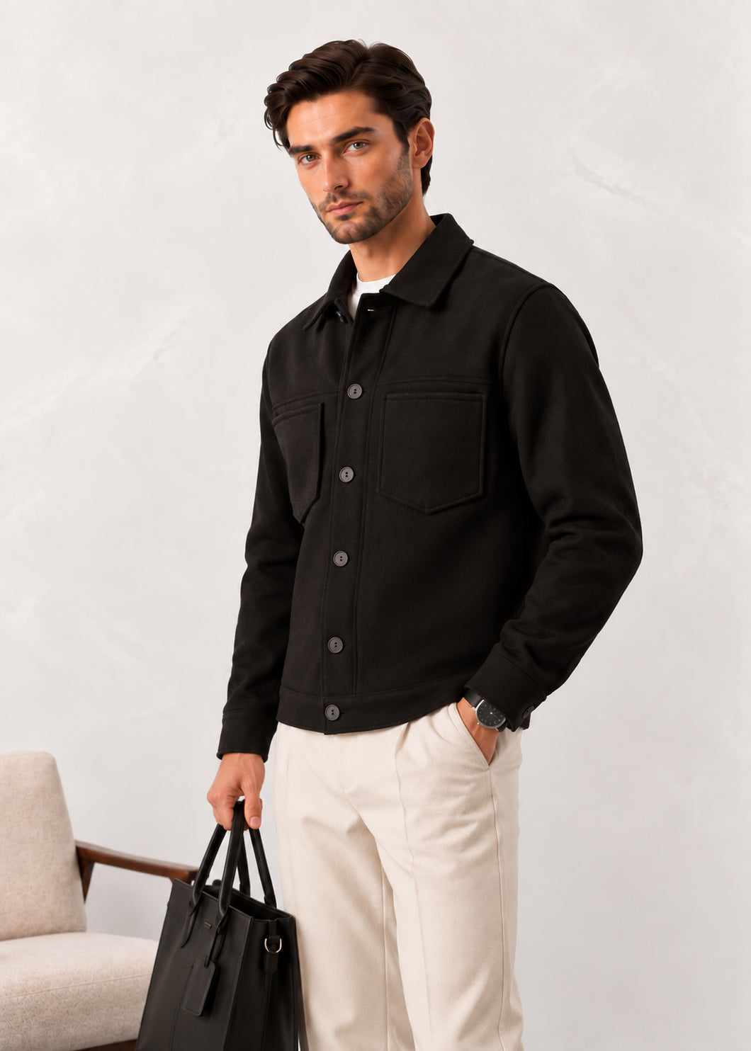 Black Wool Blend Boxy Jacket