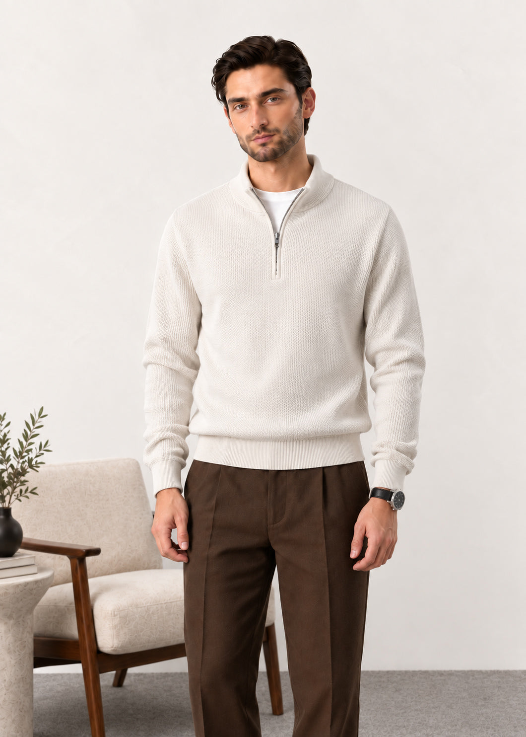 Ivory White Zipper Polo Sweater
