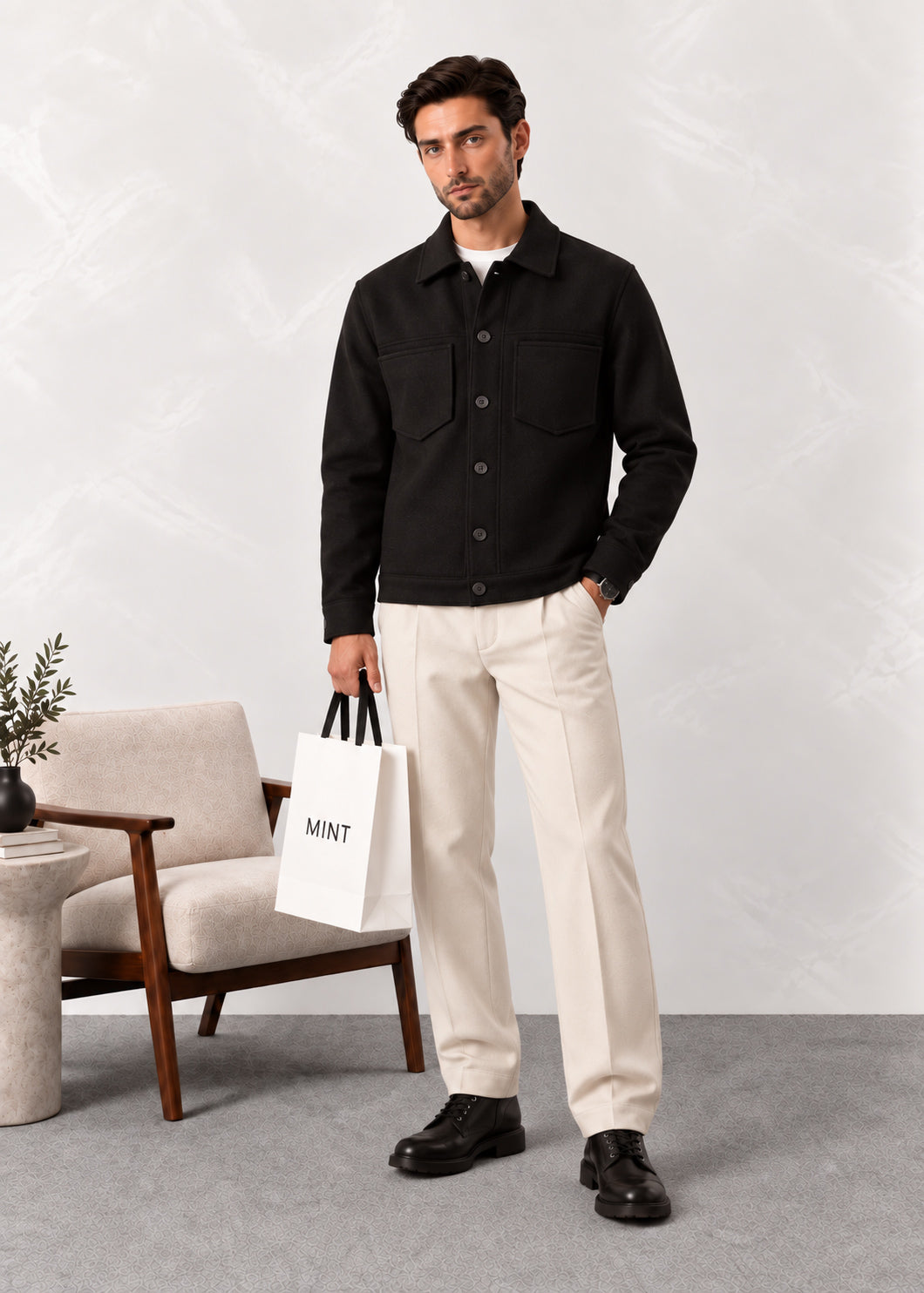 Black Wool Blend Boxy Jacket