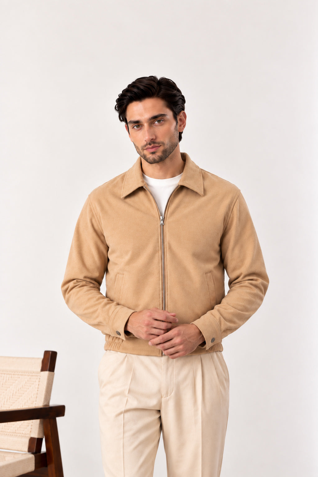 Camel Beige Suede Blouson Jacket