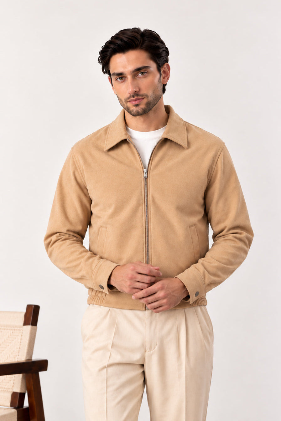 Camel Beige Suede Blouson Jacket - Men