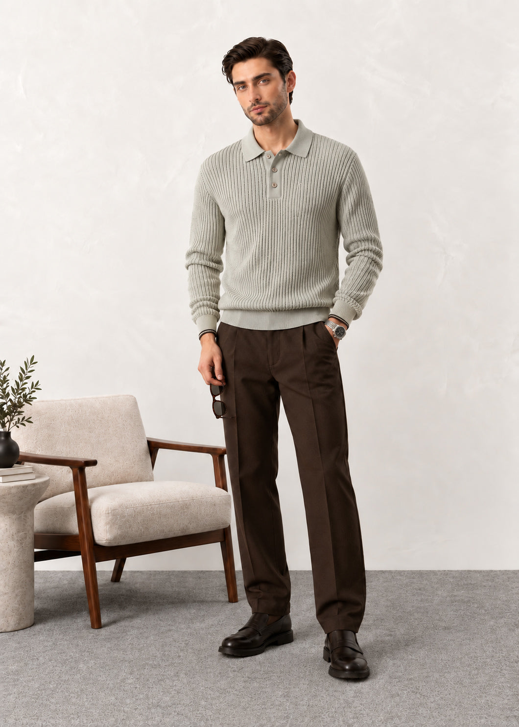 Oat Beige Ribbed Polo Sweater