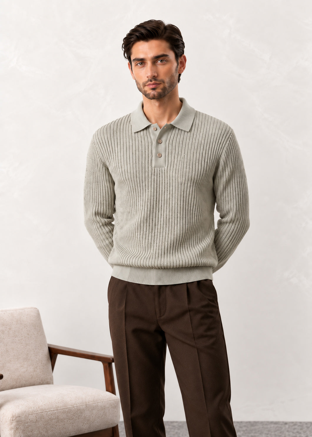 Oat Beige Ribbed Polo Sweater