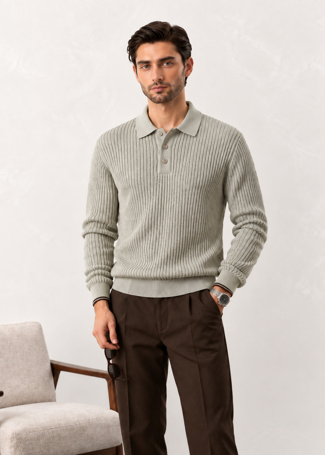 Oat Beige Ribbed Polo Sweater