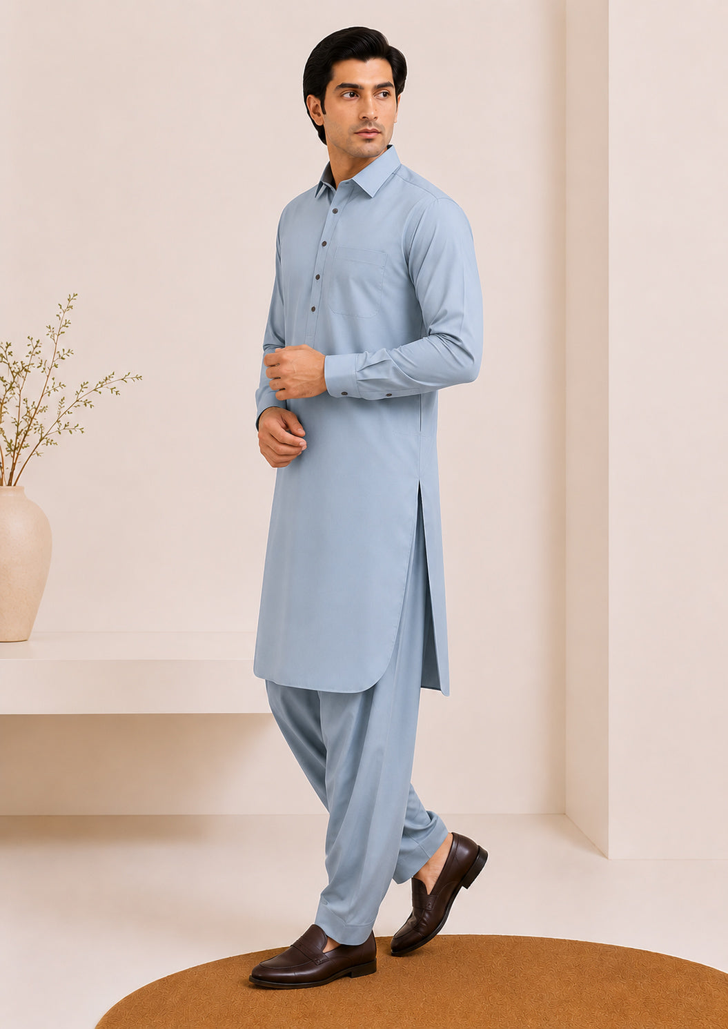 Powder Blue French Collar Kameez Shalwar - Men - Men