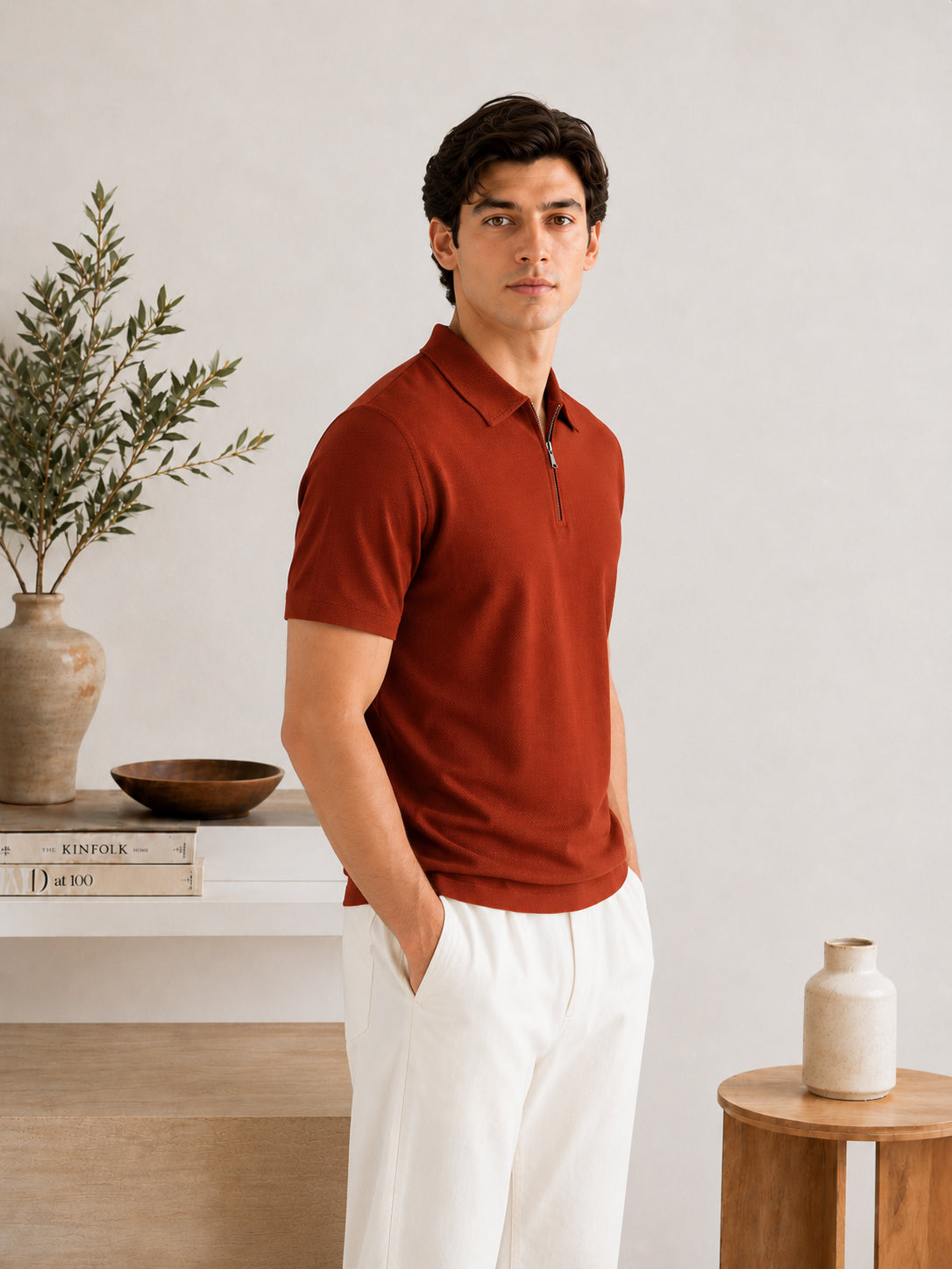 Rust Waffle Zipper Polo - Men - Men
