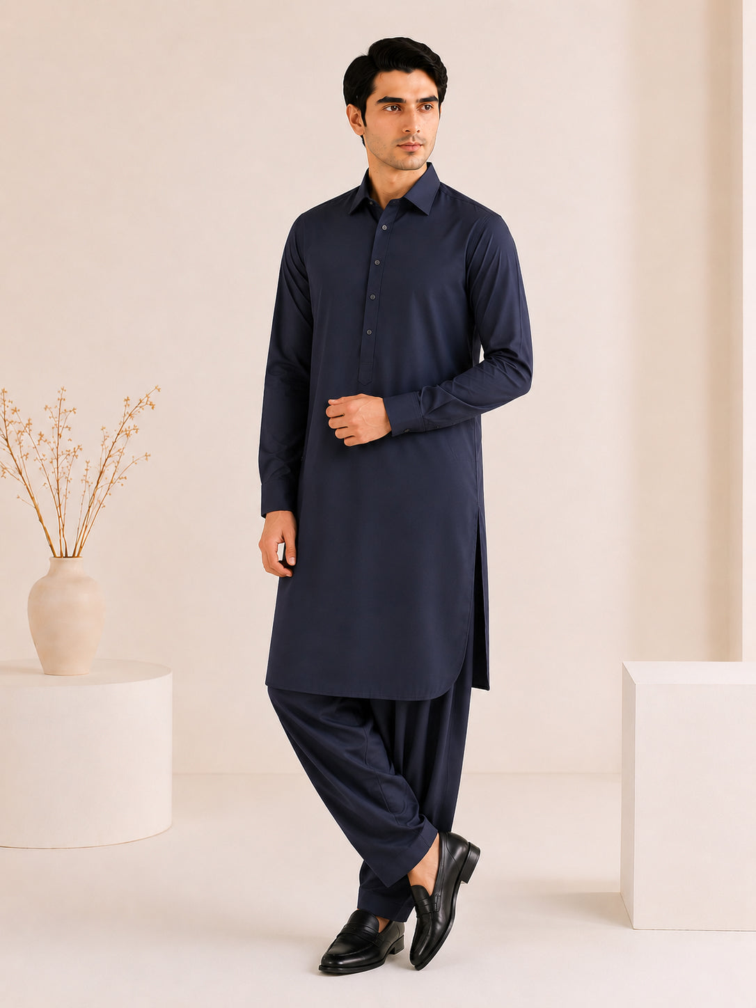 Navy Blue French Collar Kameez Shalwar - Men