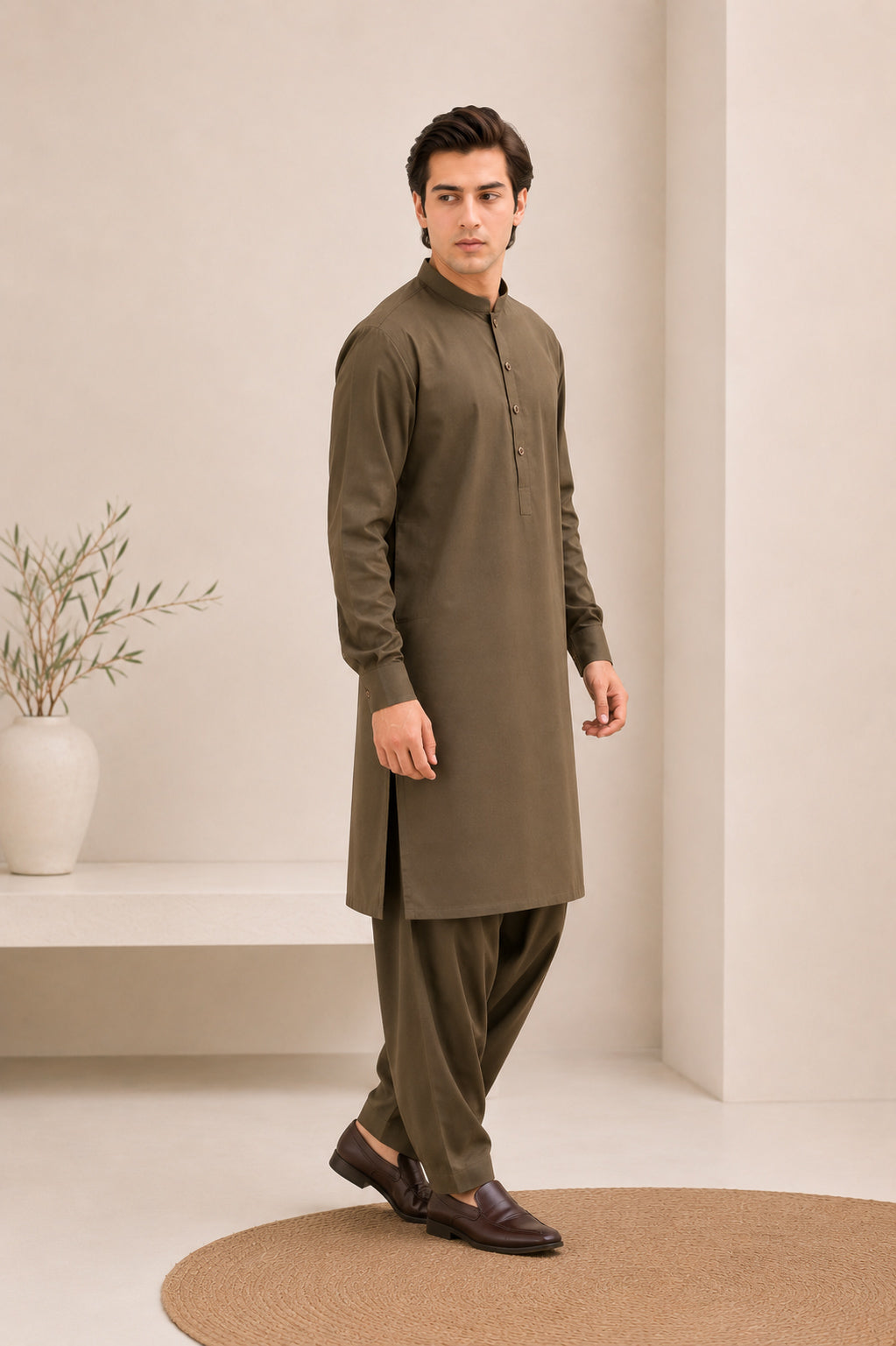 Olive Green Kurta Trouser/Shalwar - Men - Men