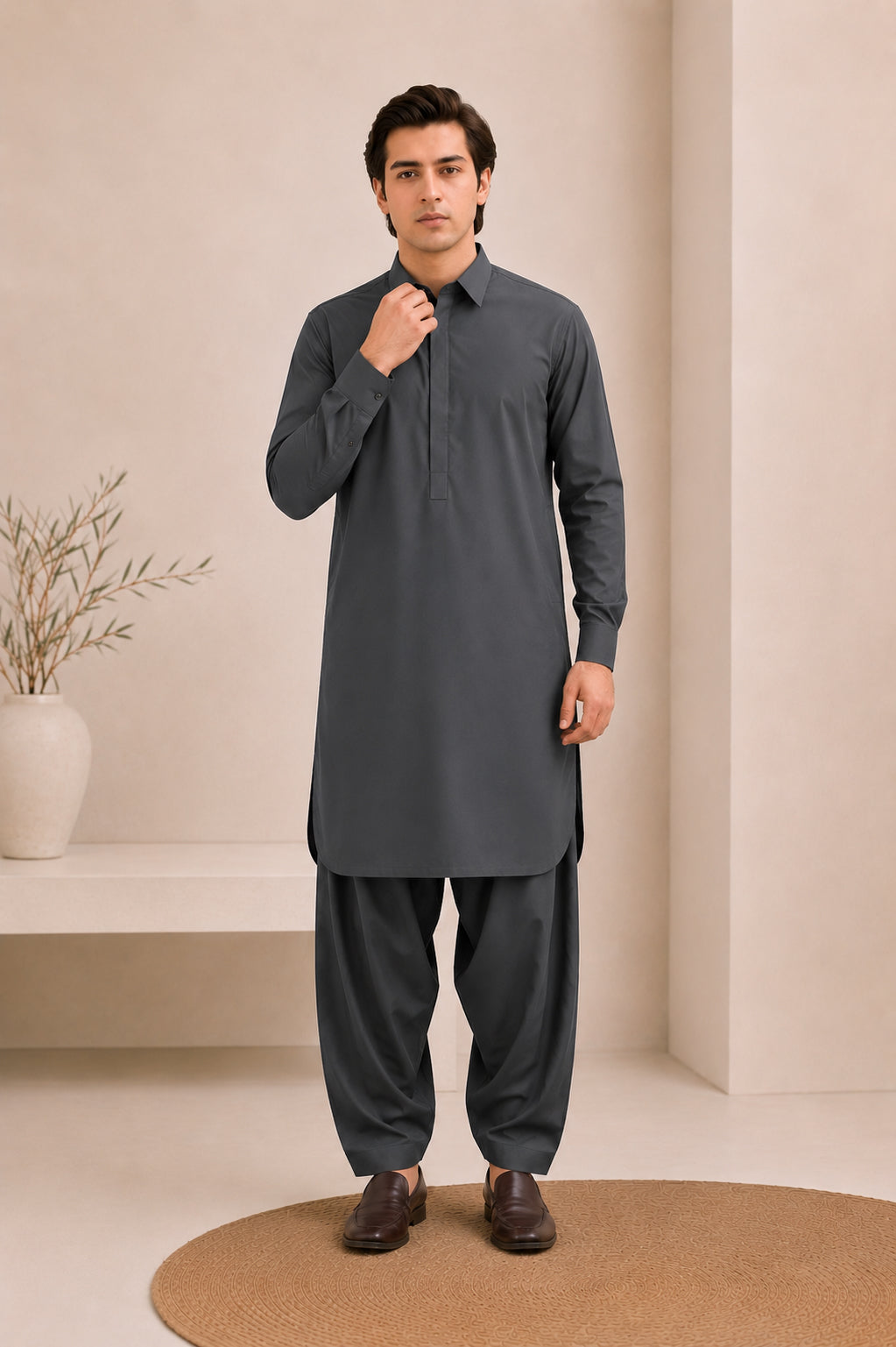 Charcoal Grey French Collar Kameez Shalwar - Men - Men
