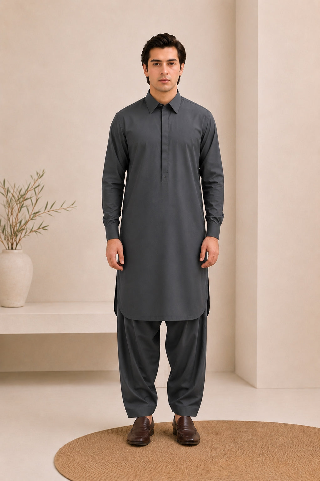 Charcoal Grey French Collar Kameez Shalwar - Men - Men