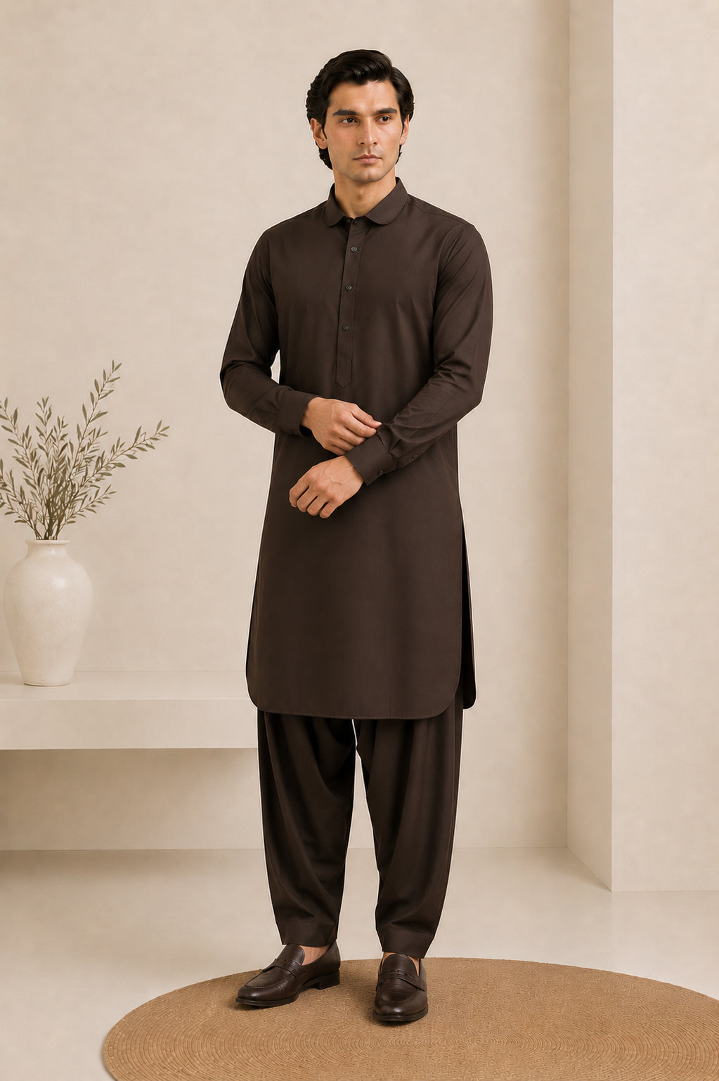 Dark Brown French Collar Kameez Shalwar - Men - Men