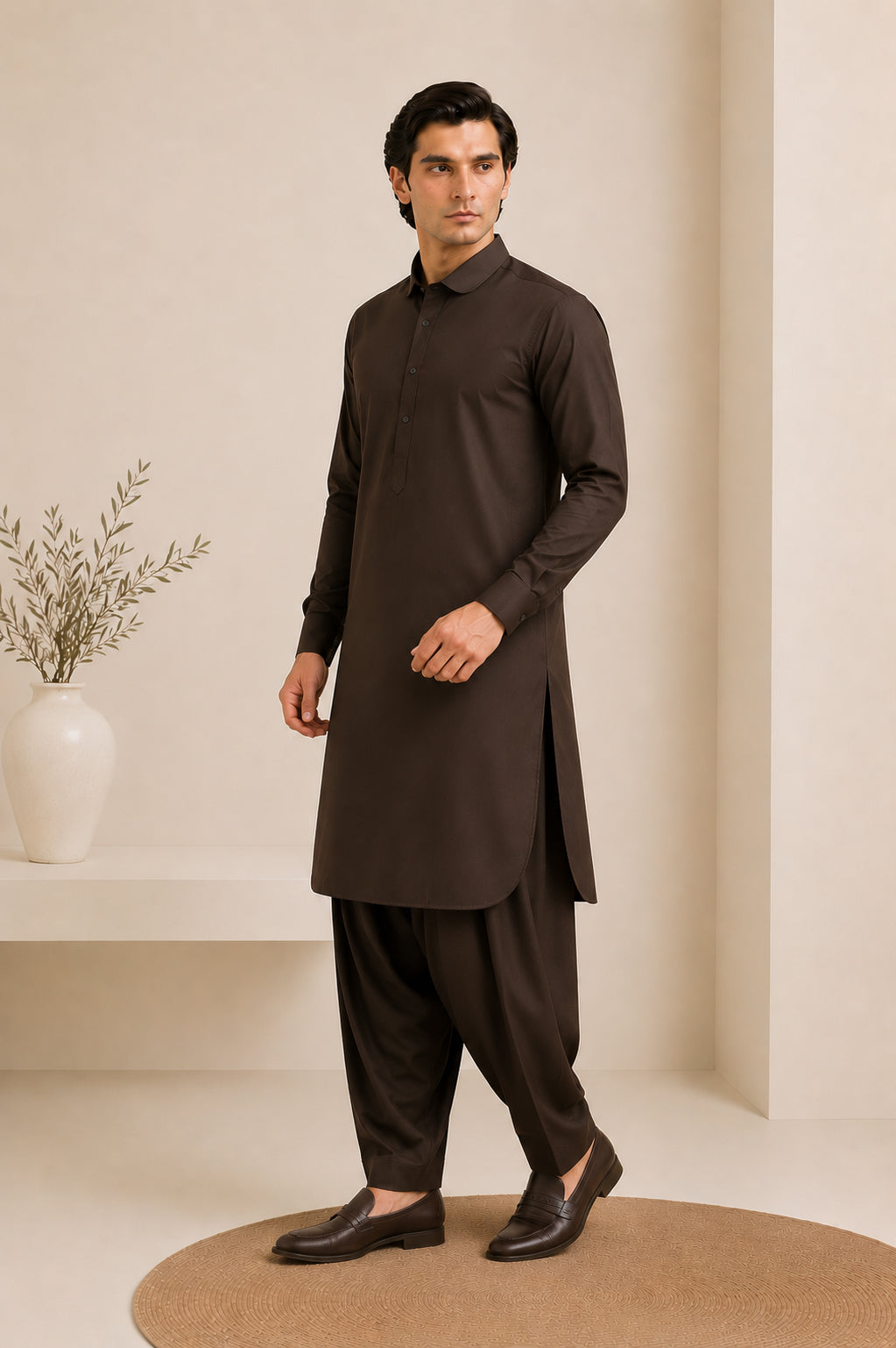 Dark Brown French Collar Kameez Shalwar - Men - Men