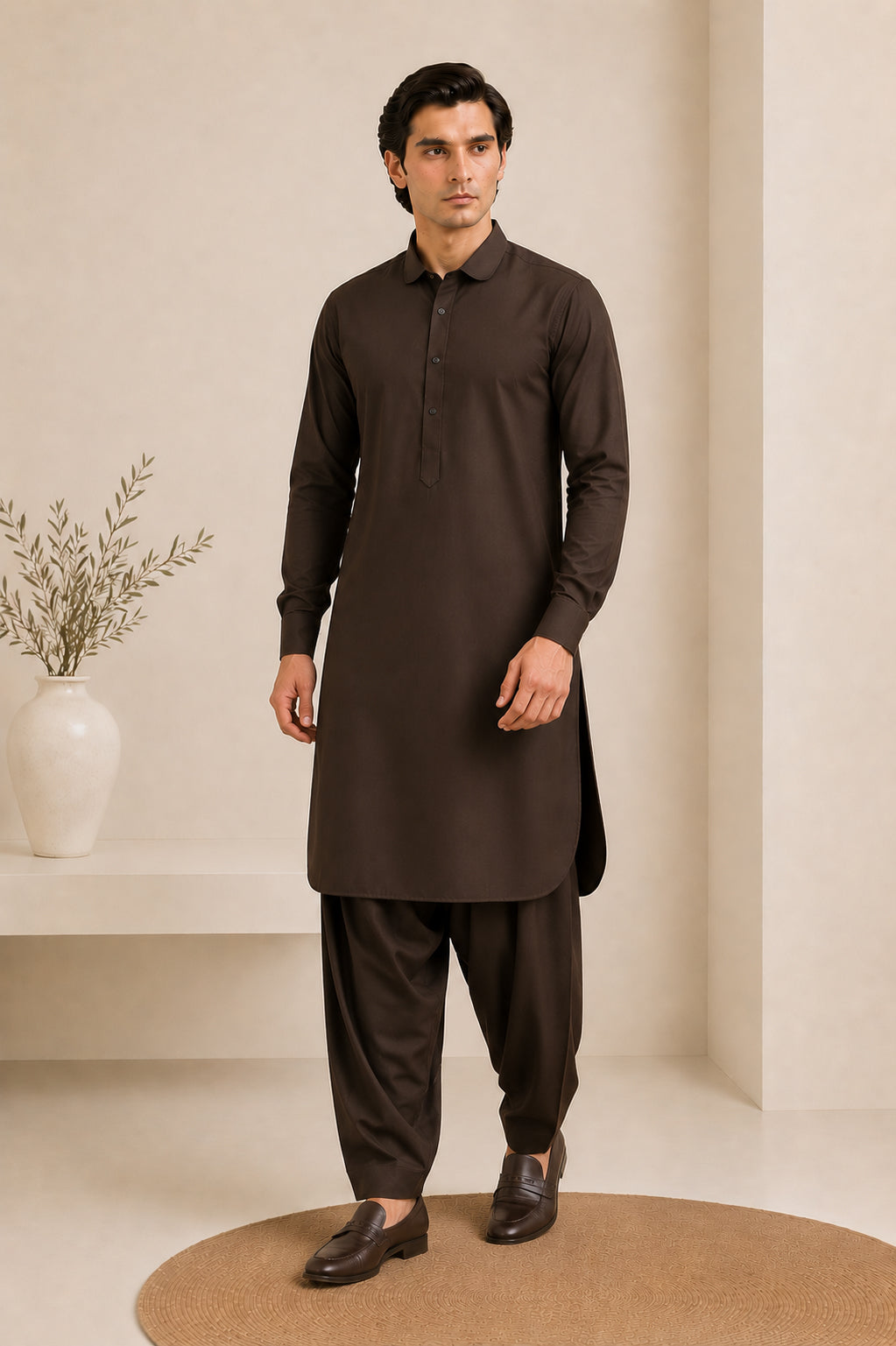 Dark Brown French Collar Kameez Shalwar - Men - Men