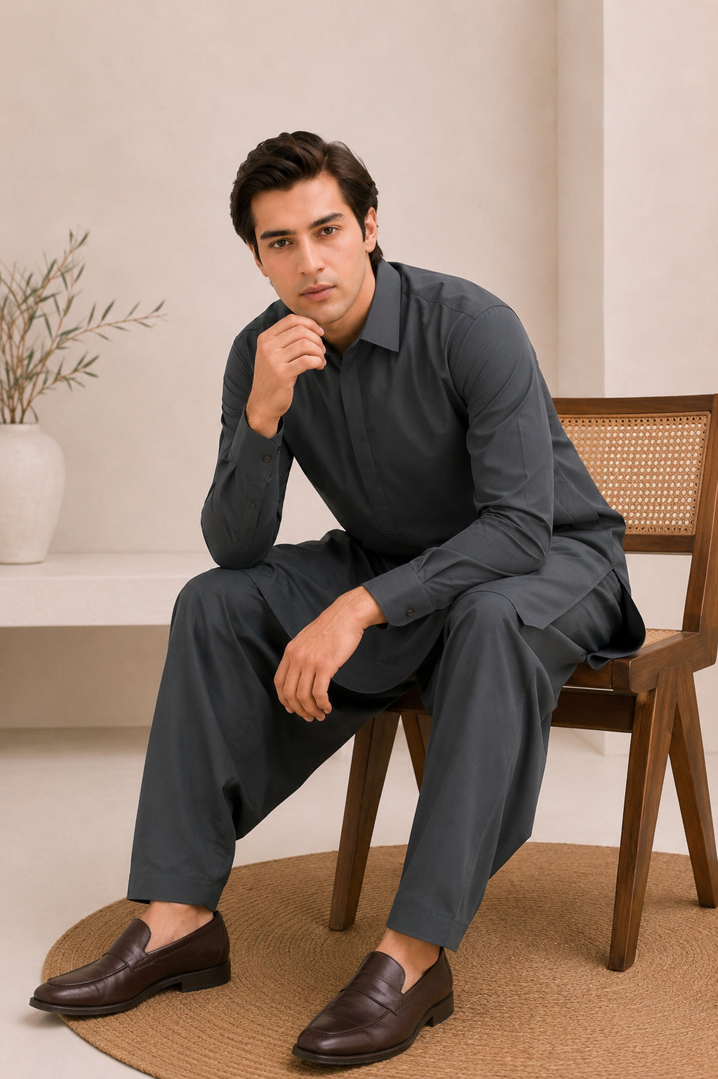 Charcoal Grey French Collar Kameez Shalwar - Men - Men
