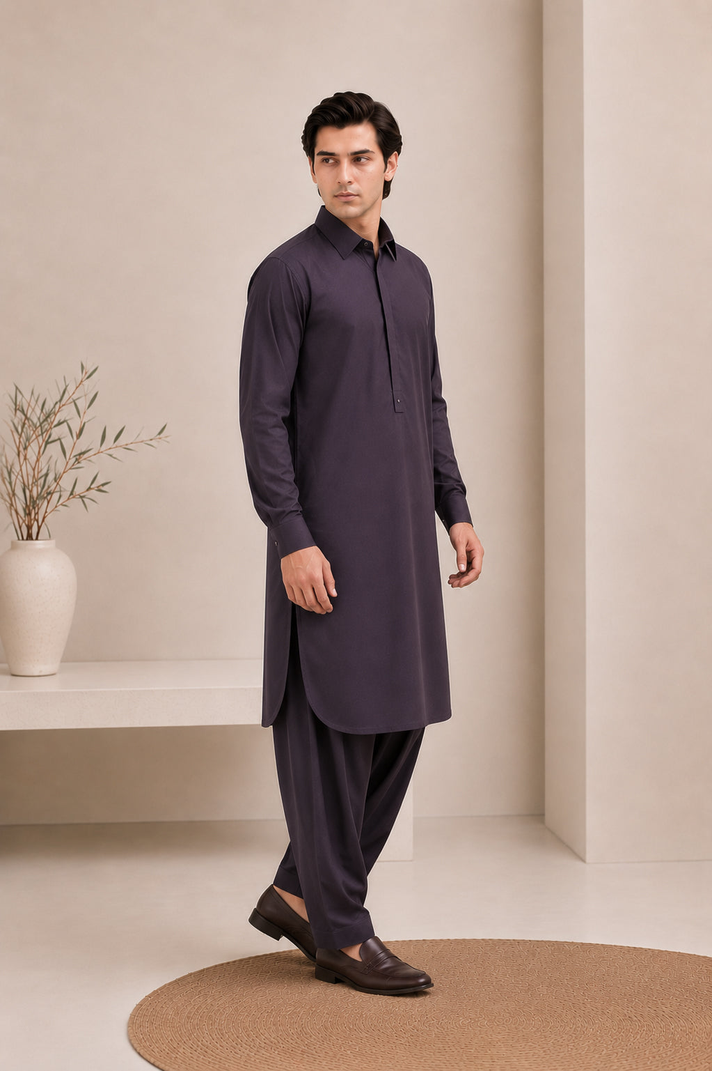 Deep Purple French Collar Kameez Shalwar - Men - Men
