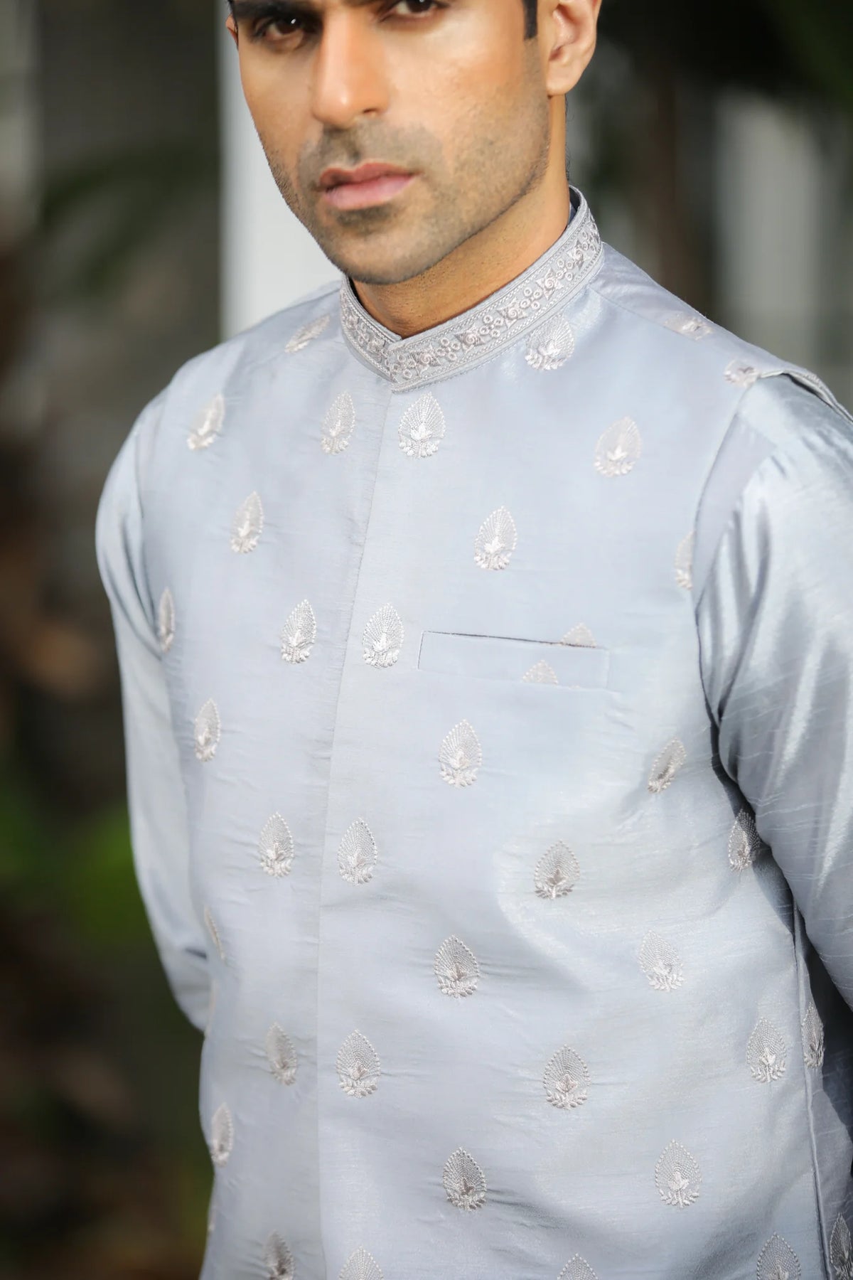 Bluish Grey Embroidered Prince Coat - Men - Men