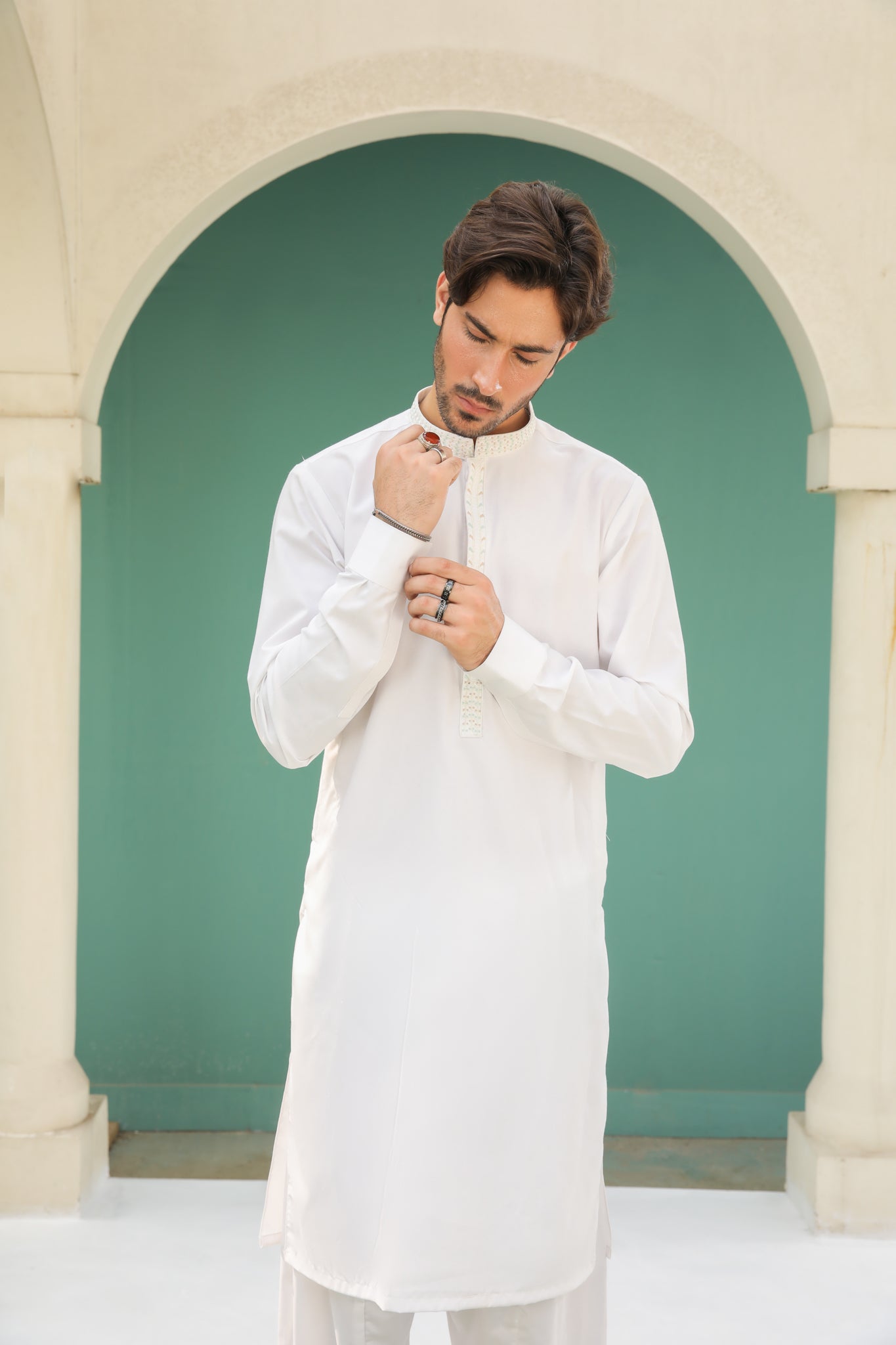 Off White Kameez Shalwar - Collar Neck Embroidered - Men - Men