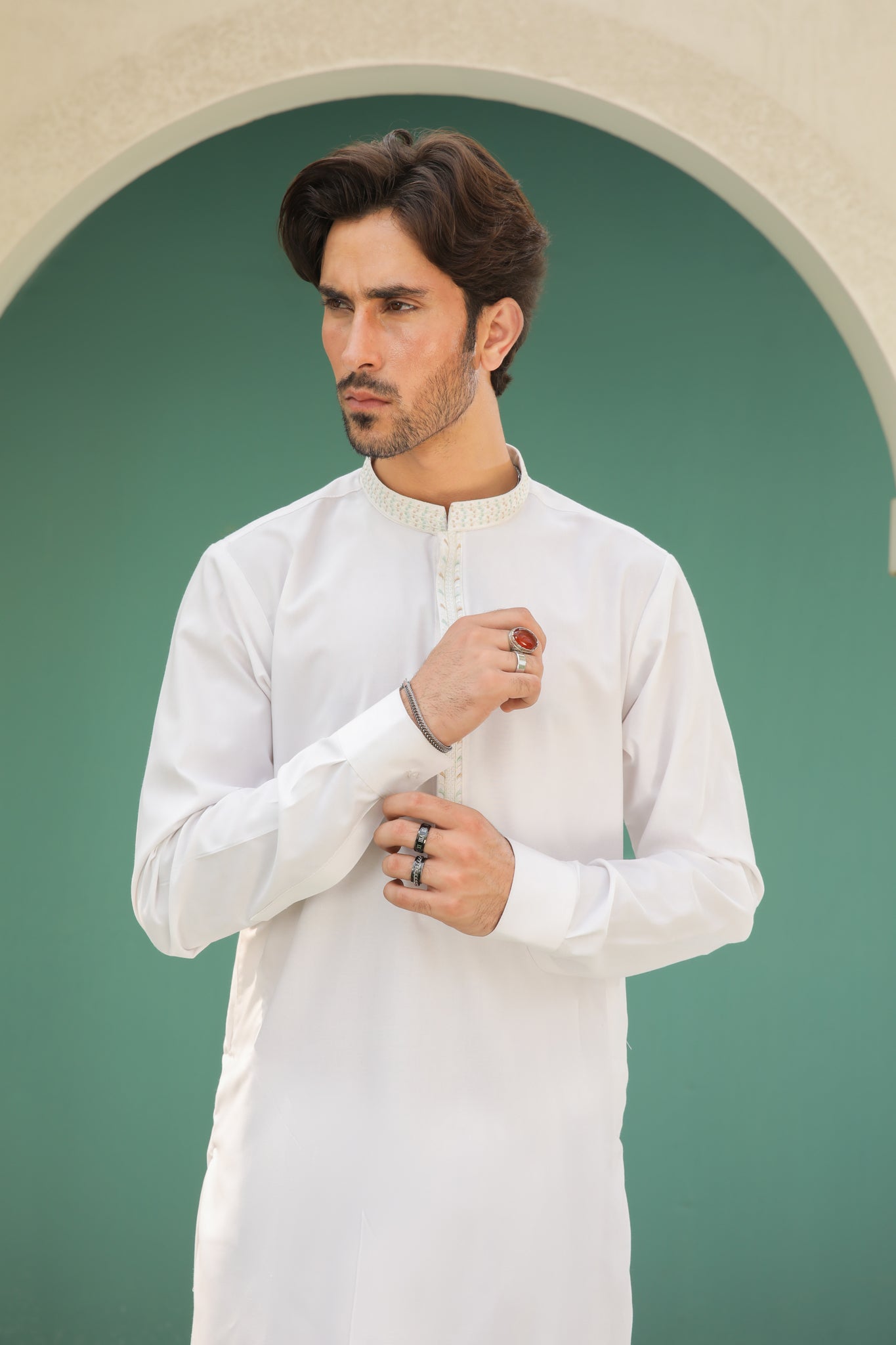 Off White Kameez Shalwar - Collar Neck Embroidered - Men - Men
