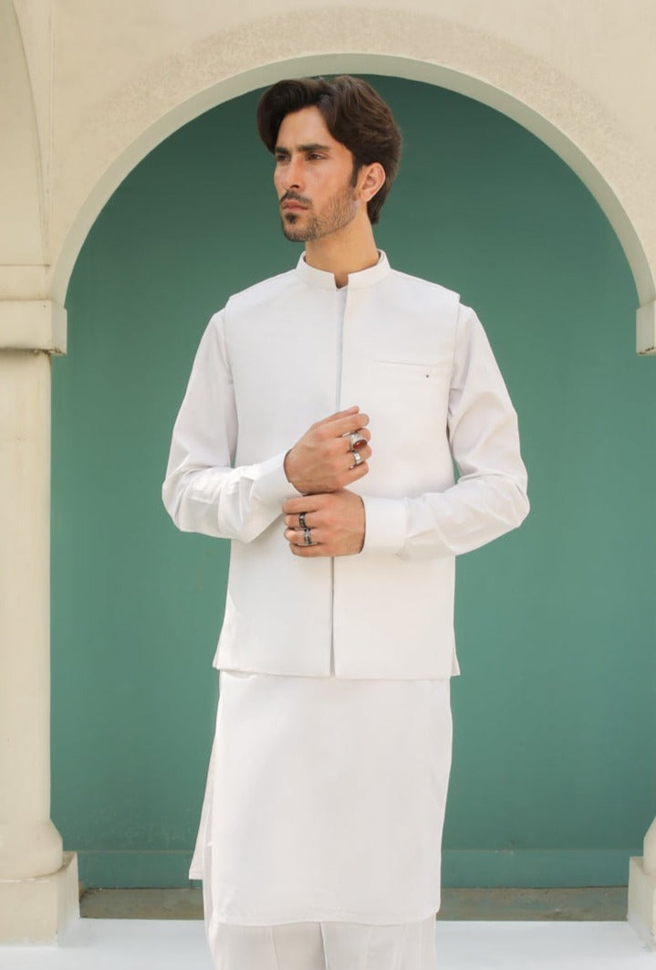 Off White Shalwar Kameez with Waistcoat Worldwide Shipping Muraqsh