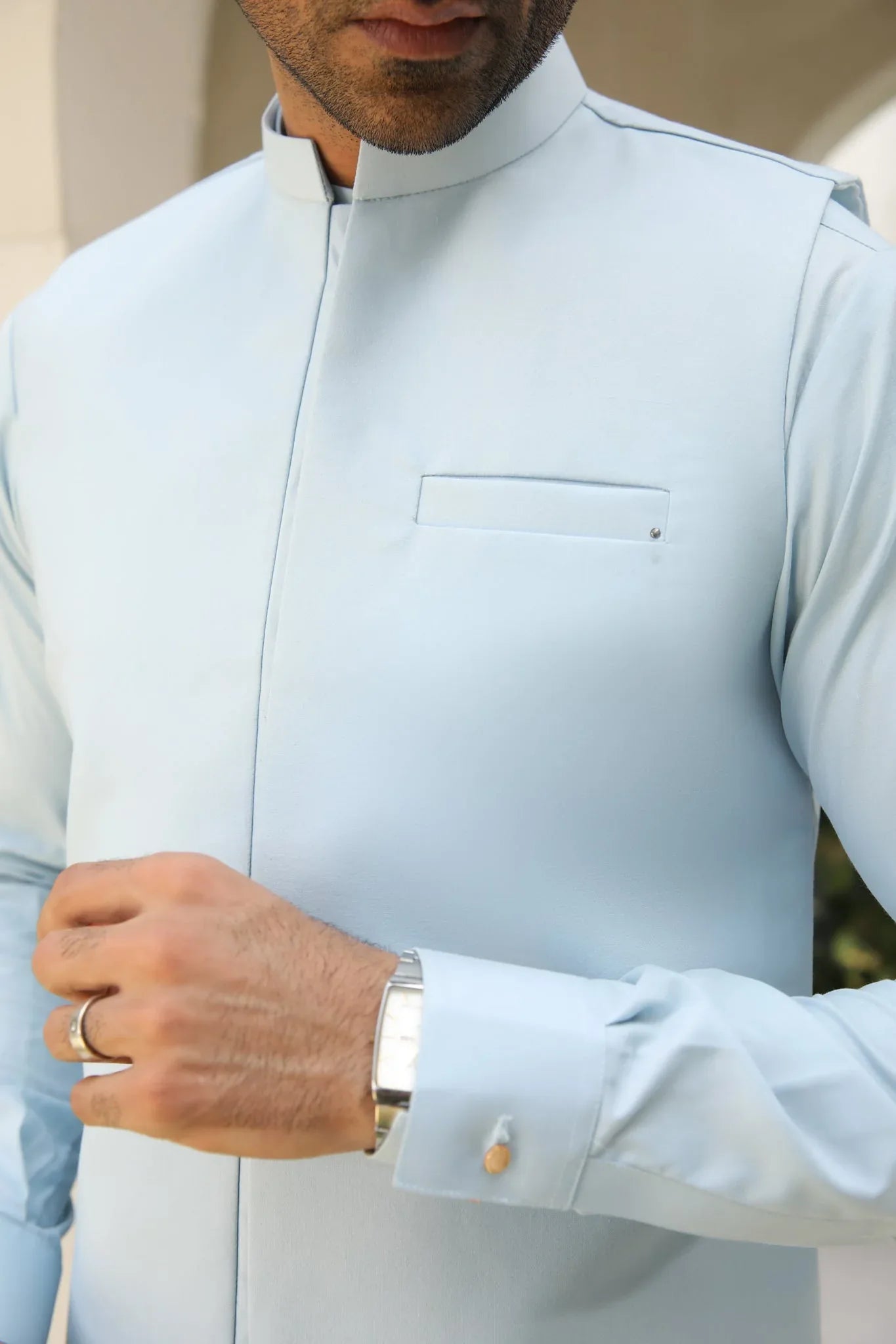 Sky Blue Kurta Trouser with Waistcoat - Men - 3PC