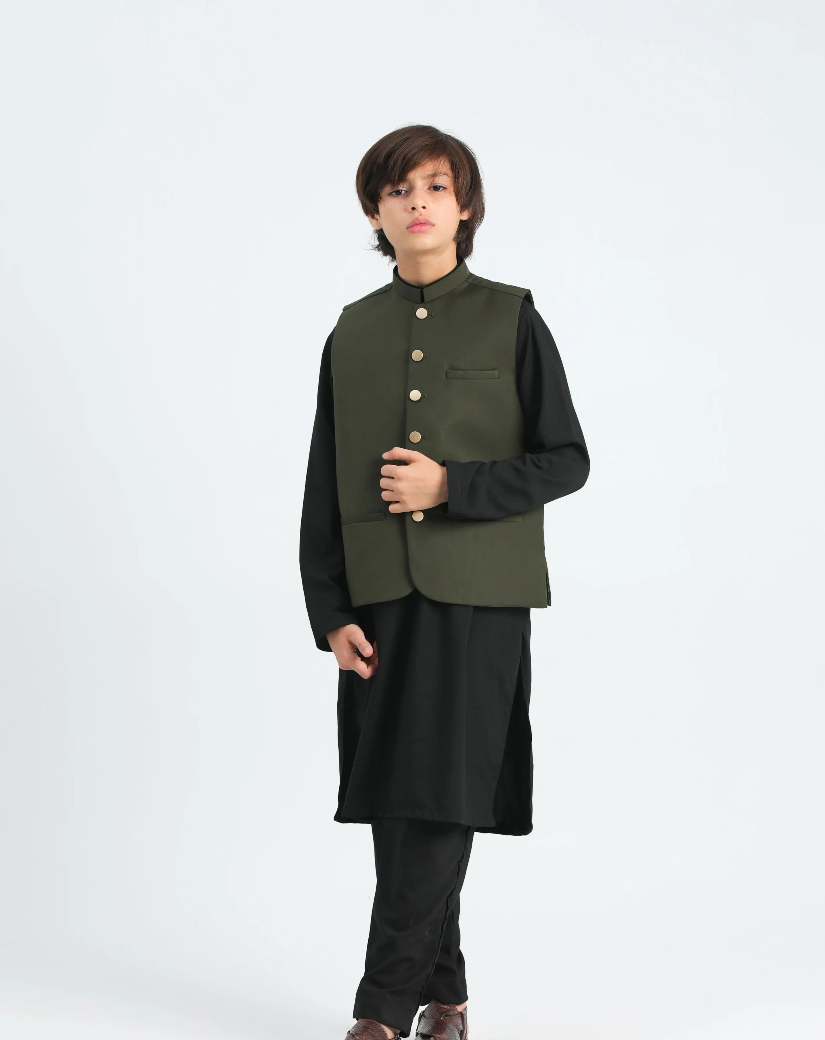 Army Green waistcoat on Black Kurta trouser - Kidswear - 3PC
