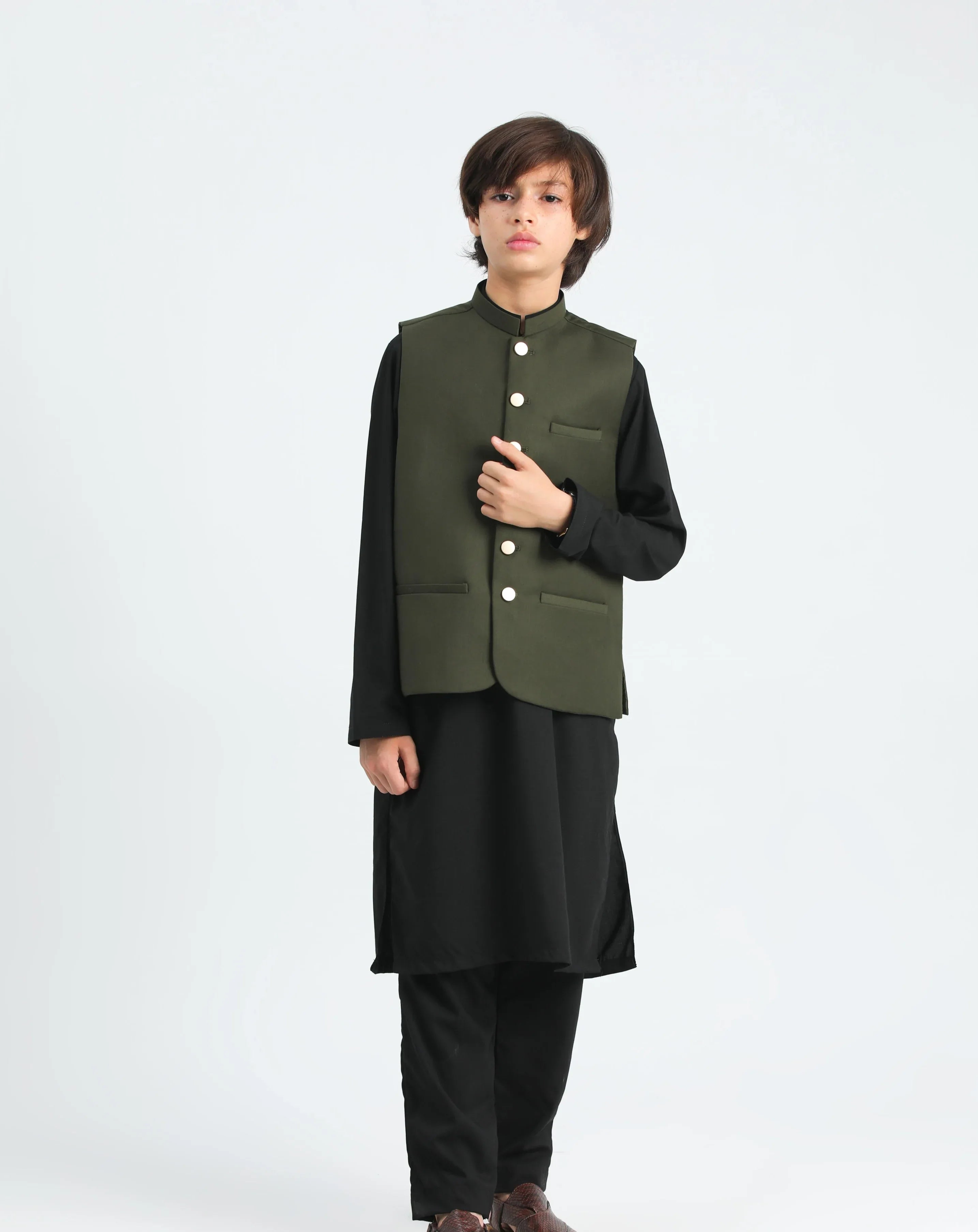 Army Green waistcoat on Black Kurta trouser - Kidswear - 3PC