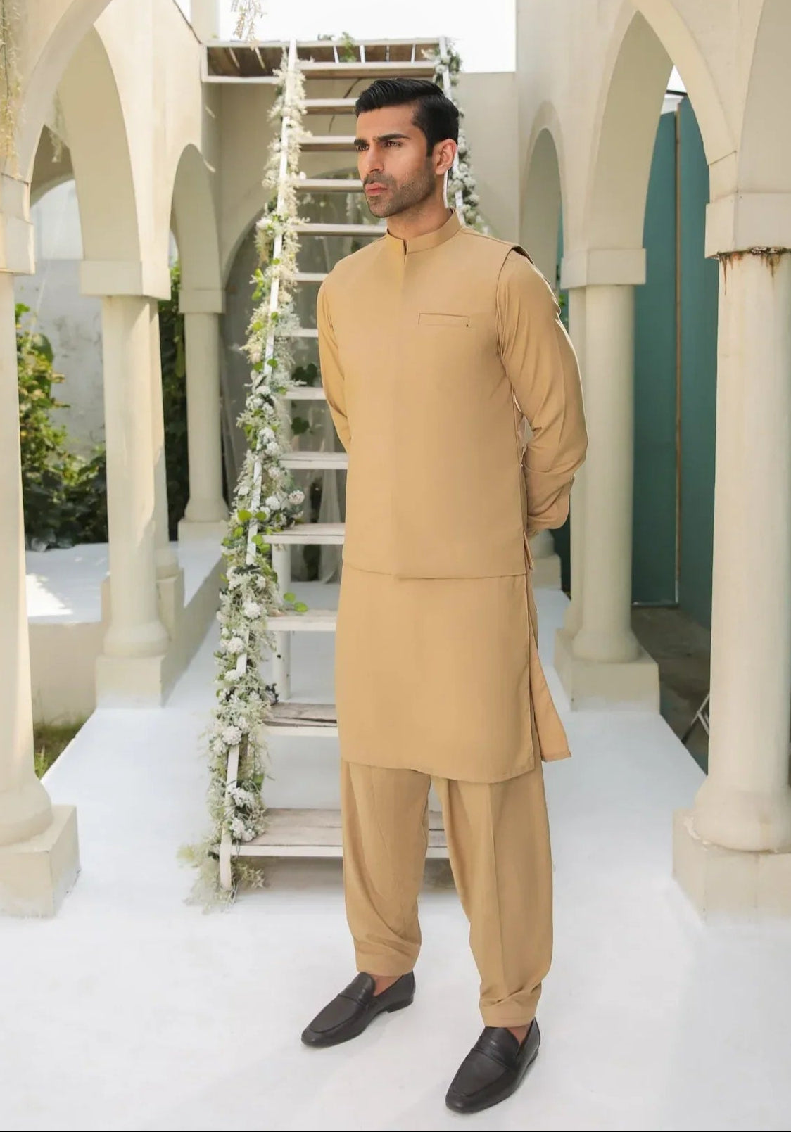 Camel Kameez Shalwar & Waistcoat - Men - 3 Piece