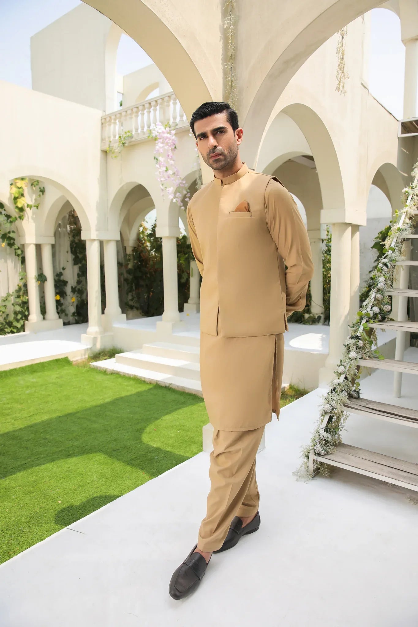 Camel Kameez Shalwar & Waistcoat - Men - 3 Piece