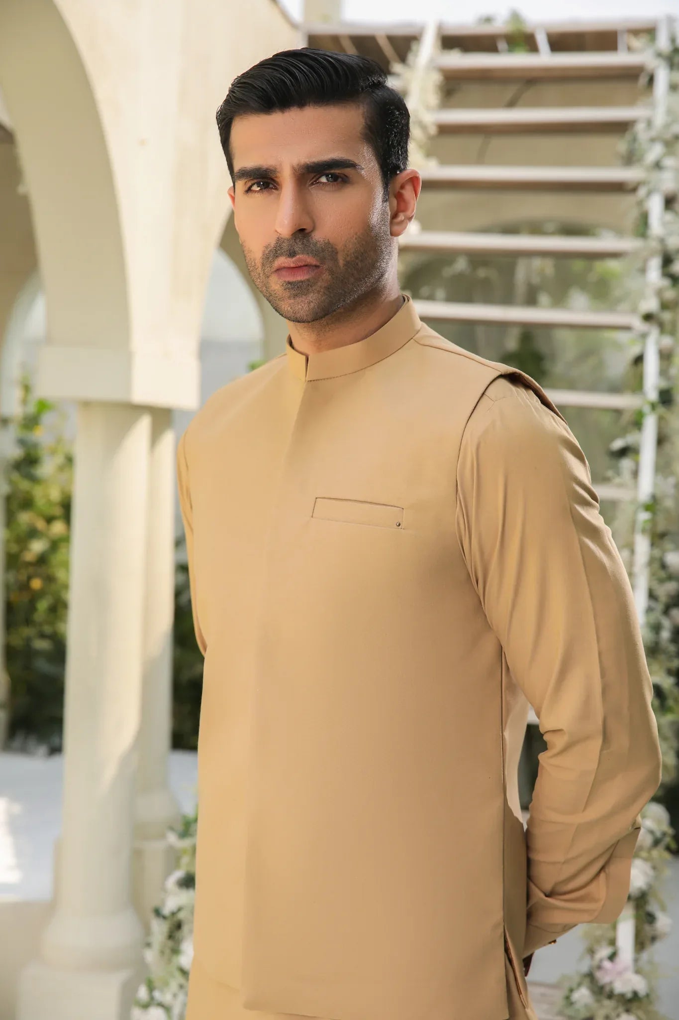 Camel Kameez Shalwar & Waistcoat - Men - 3 Piece