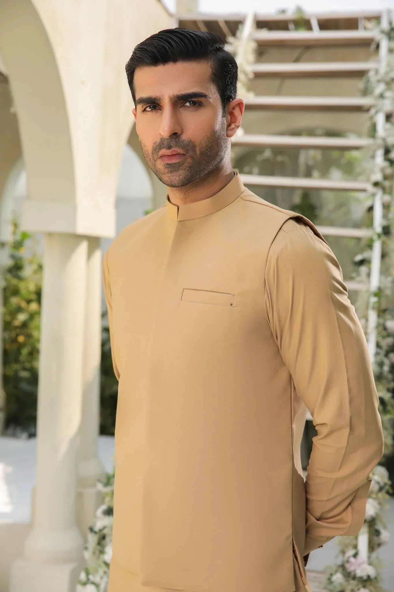 Camel Kameez Shalwar & Waistcoat - Men - 3 Piece