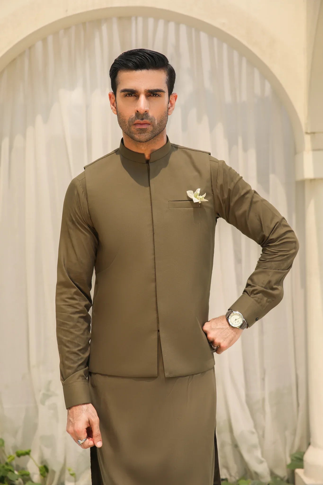 Olive Green Kameez Shalwar with Blended Waistcoat - Men - Muraqsh -- Menswear