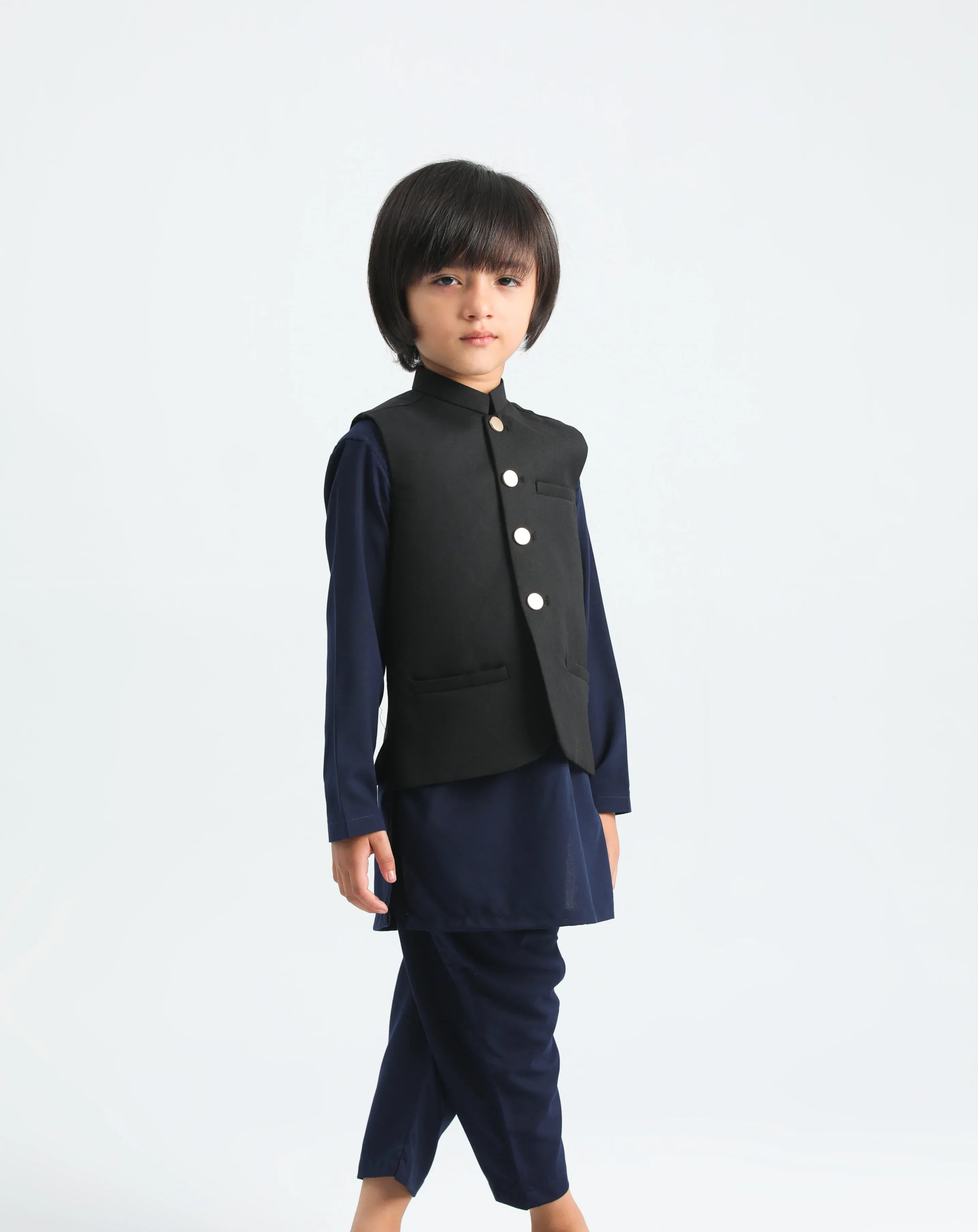 Navy Blue Kurta Trouser and Black waistcoat - 3PC Set