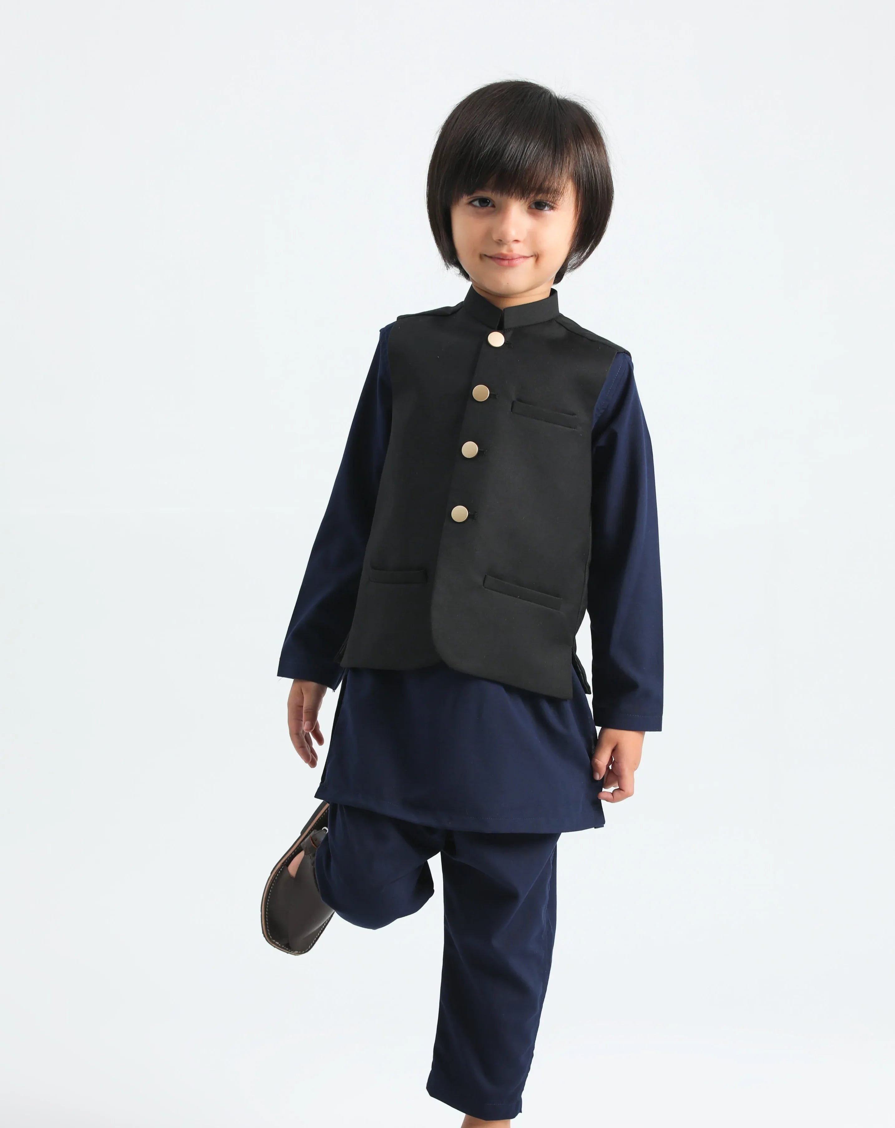 Navy Blue Kurta Trouser and Black waistcoat - 3PC Set
