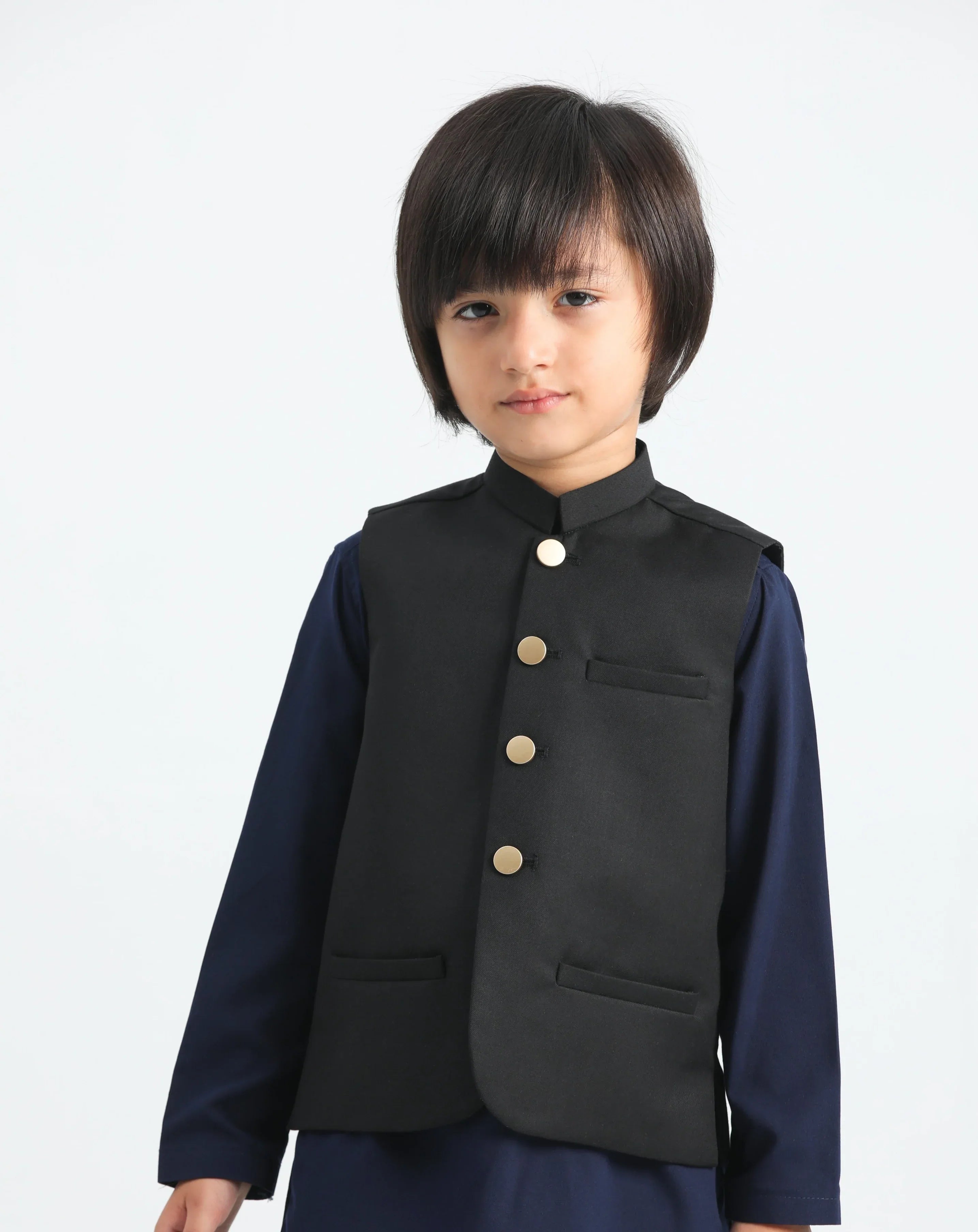 Navy Blue Kurta Trouser and Black waistcoat - 3PC Set