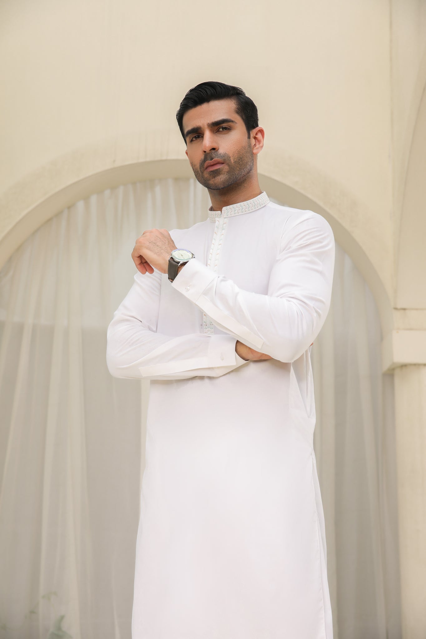 Off White Kameez Shalwar - Collar Neck Embroidered - Men - Men