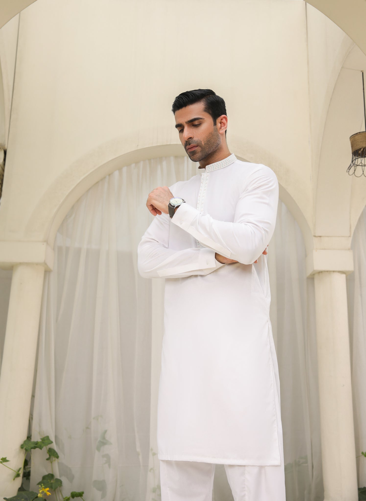 Off White Kameez Shalwar - Collar Neck Embroidered - Men - Men
