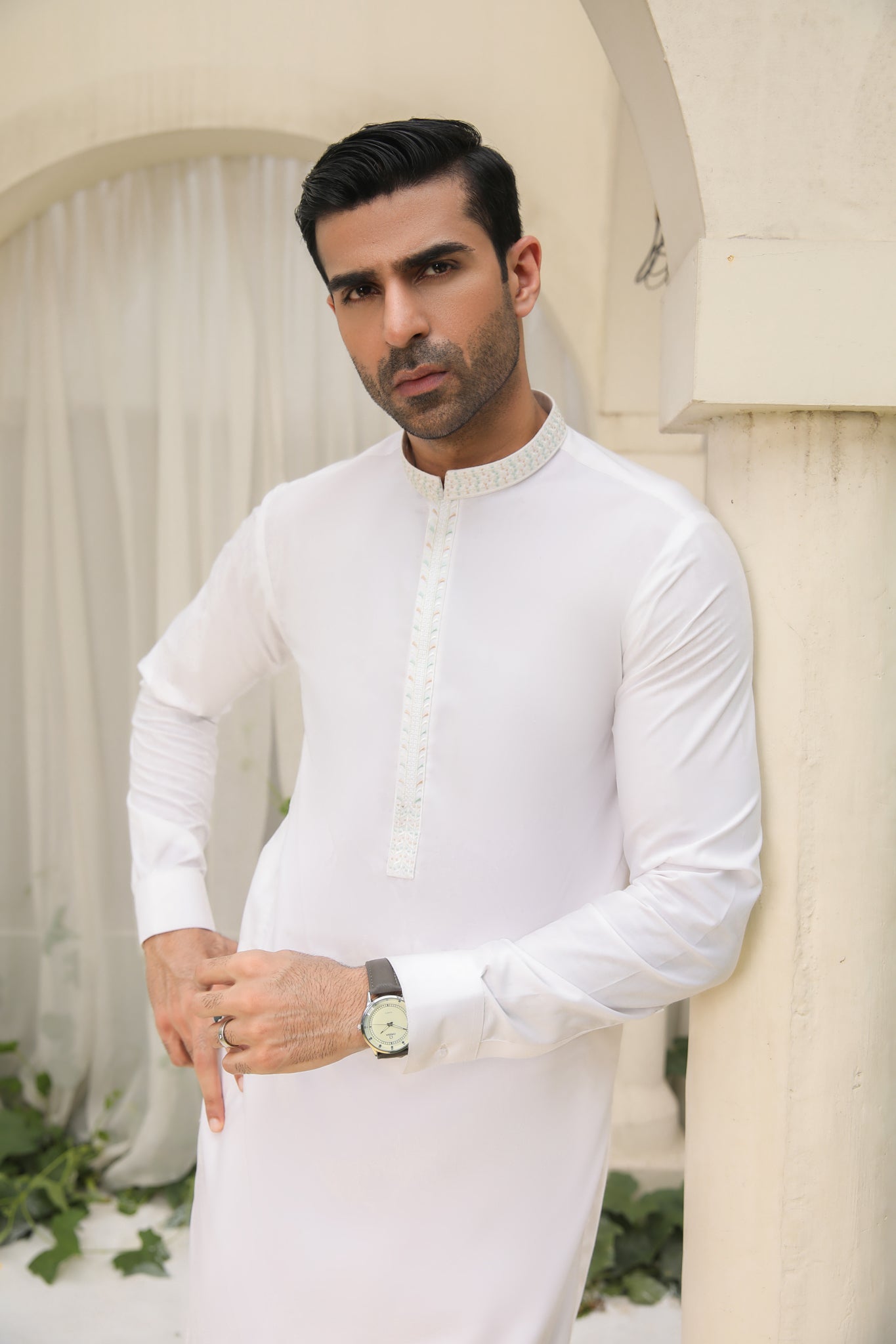 Off White Kameez Shalwar - Collar Neck Embroidered - Men - Men