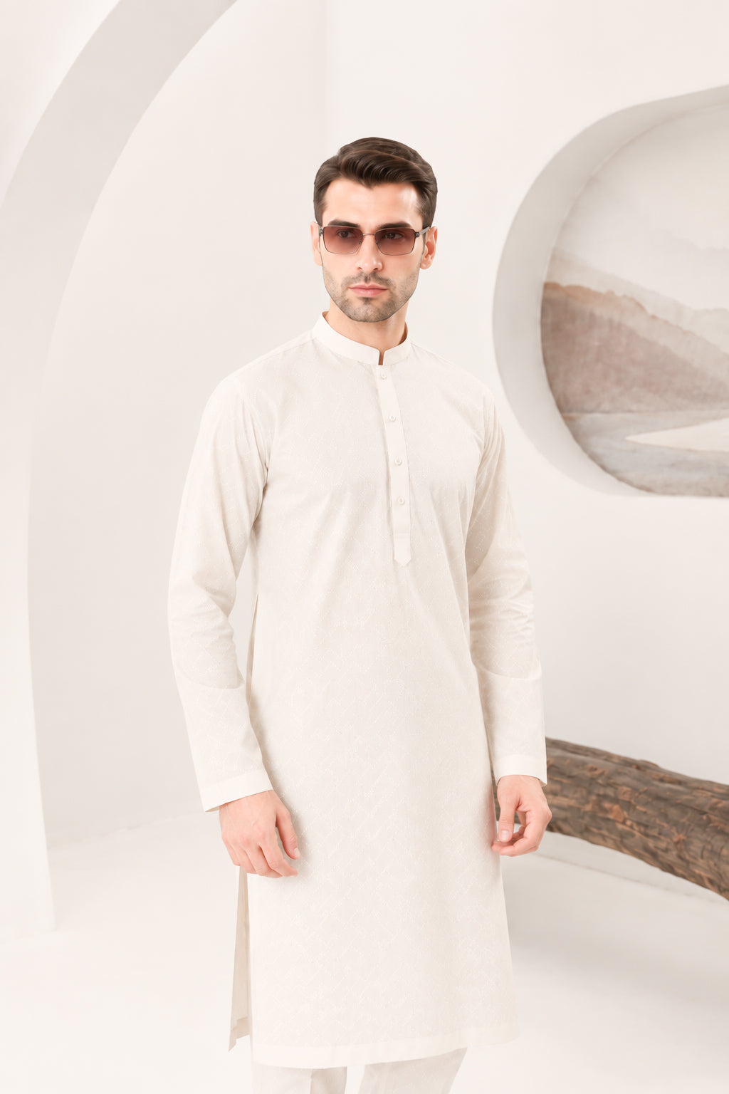 Off White Cotton Embroidered Kurta Trouser - Men