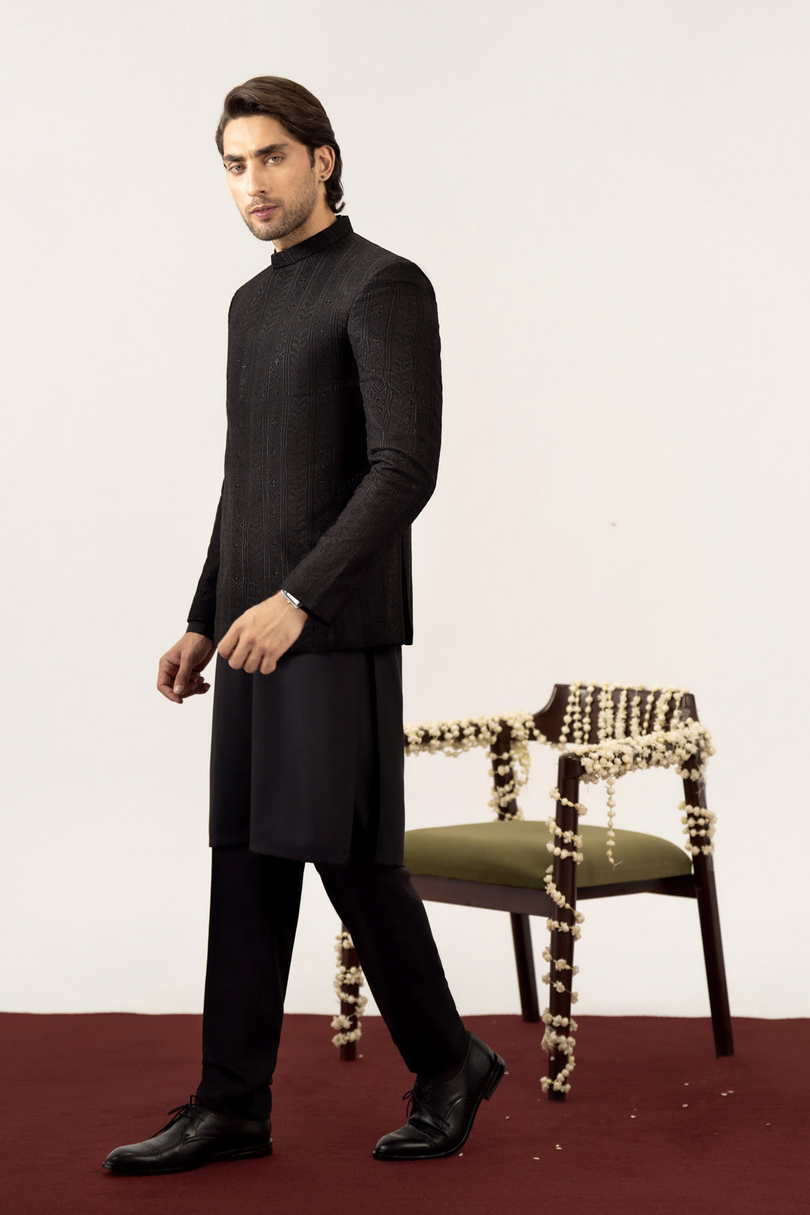 Black Kurta Trouser with Embroidered Prince Coat - 3PC - Men