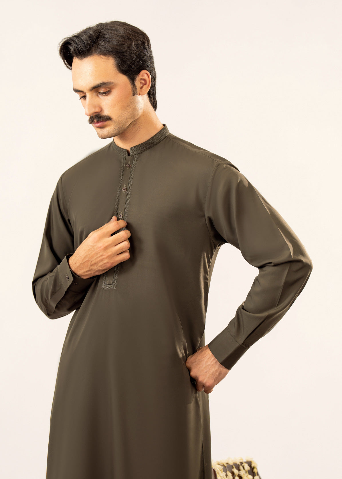 Formal Olive Green Kurta Shalwar - Collar Neck Embroidered - Men - Men