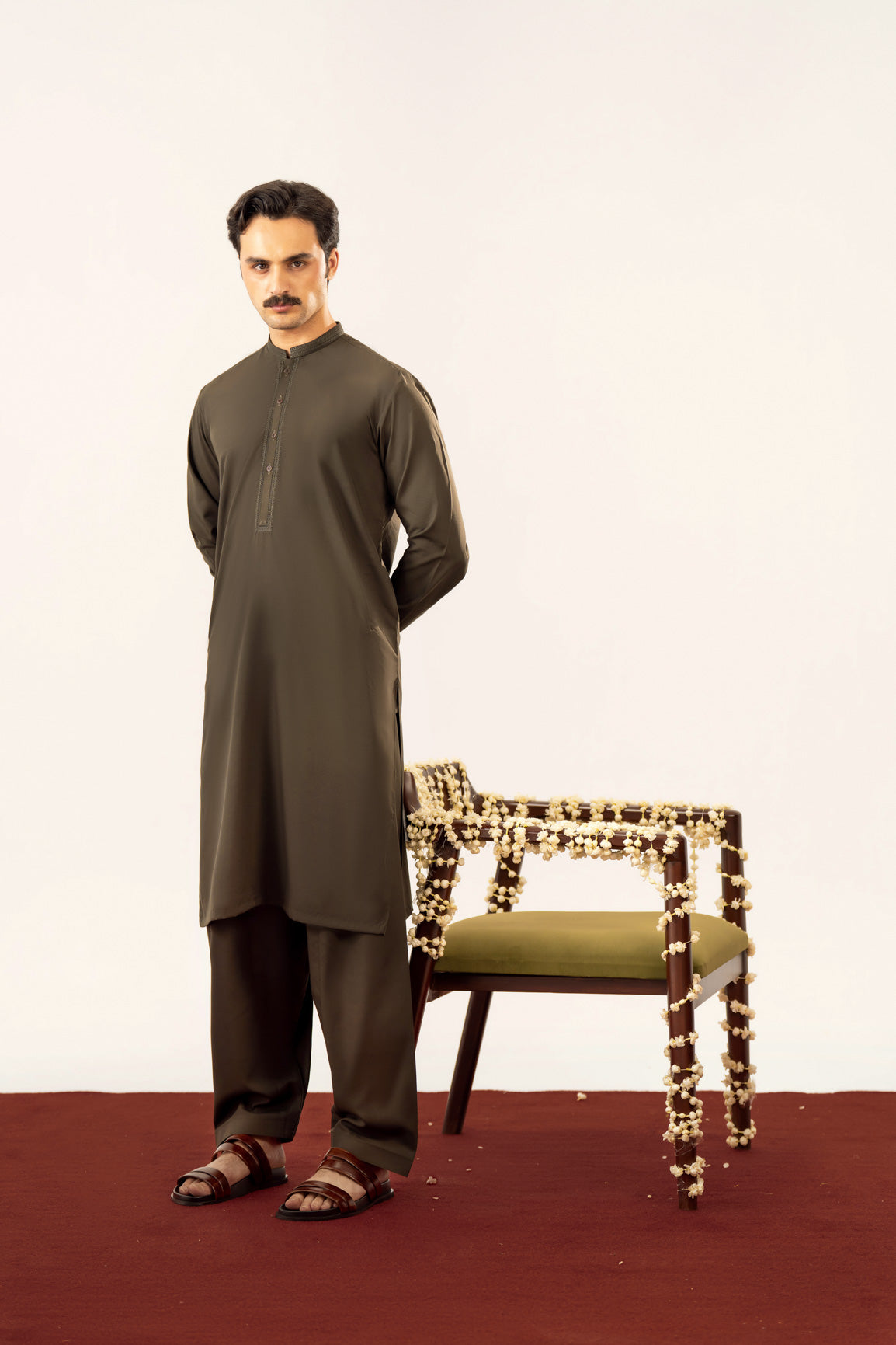Formal Olive Green Kurta Shalwar - Collar Neck Embroidered - Men - Men
