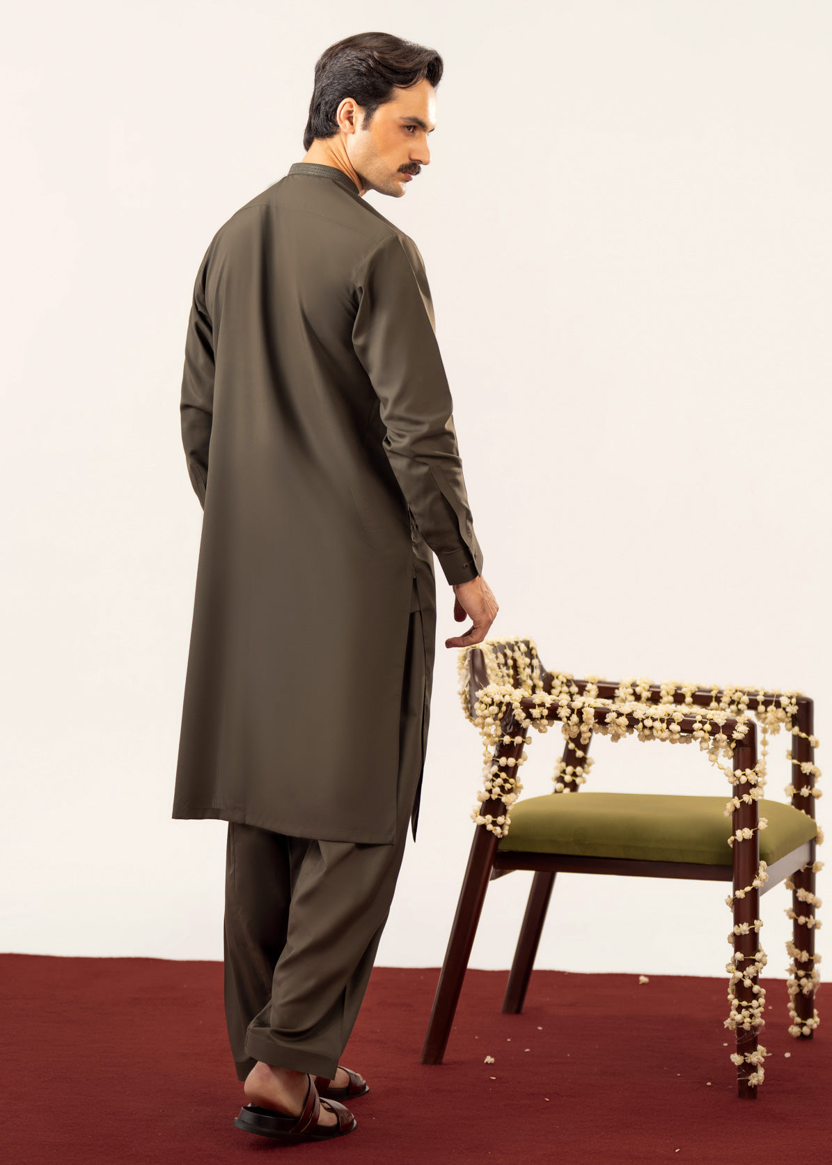 Formal Olive Green Kurta Shalwar - Collar Neck Embroidered - Men - Men
