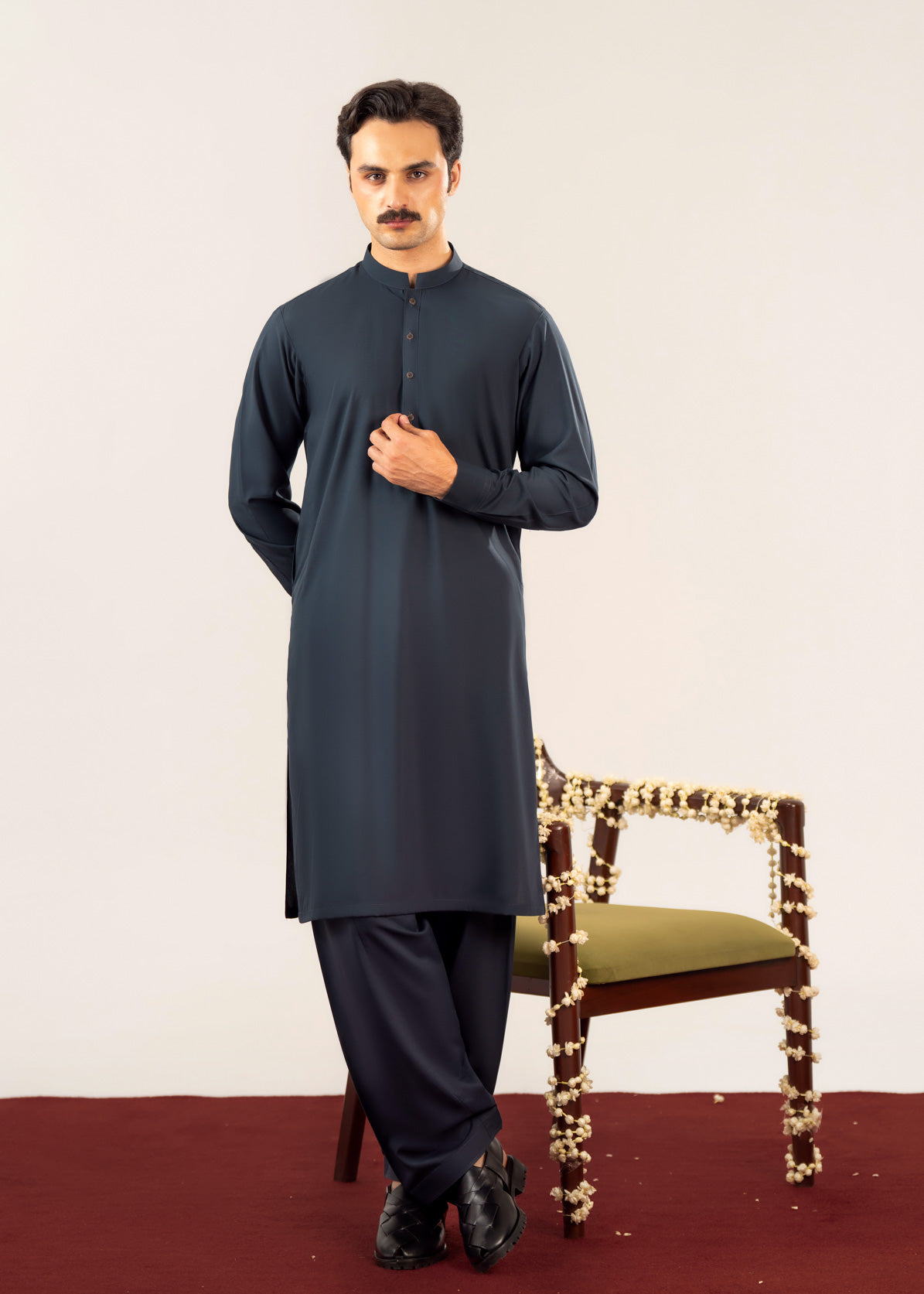 Midnight Blue Kurta Shalwar with Pick-Stitch Matching Waistcoat - Men - Men