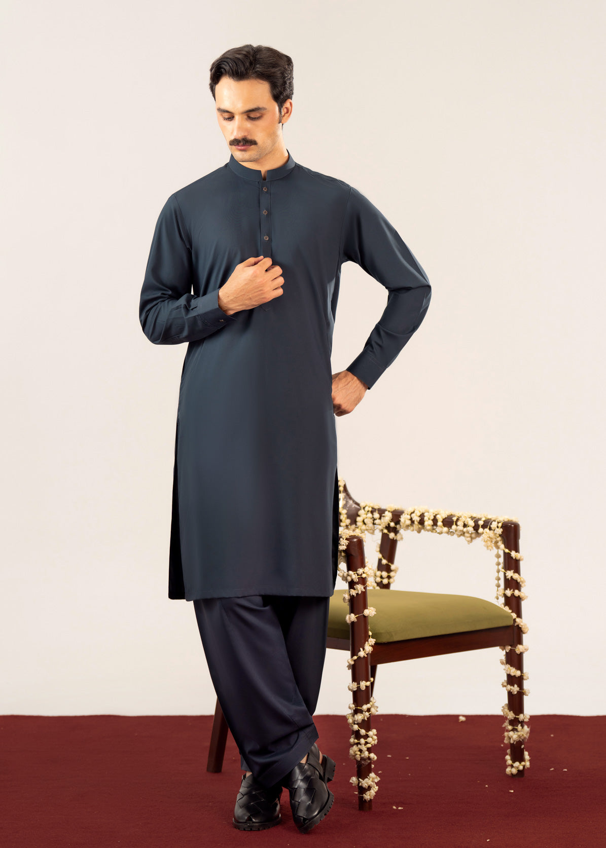 Midnight Blue Kurta Shalwar with Pick-Stitch Matching Waistcoat - Men - Men