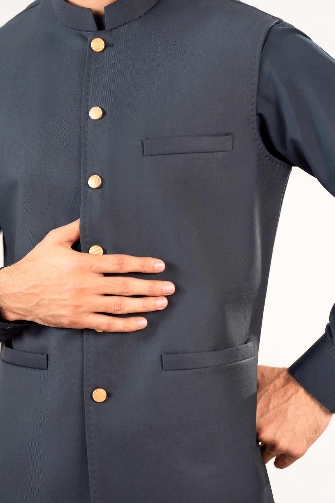Midnight Blue Kurta Shalwar with Pick-Stitch Matching Waistcoat - Men - Men