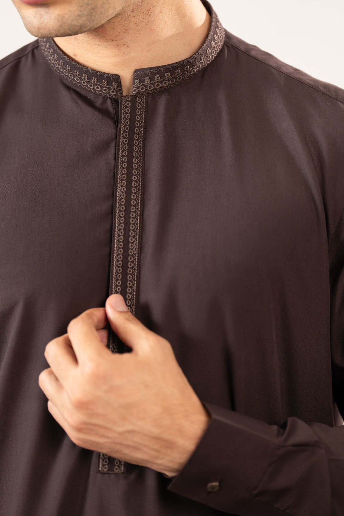 Formal Dark Brown Kurta Shalwar - Collar Neck Embroidered - Men - Men