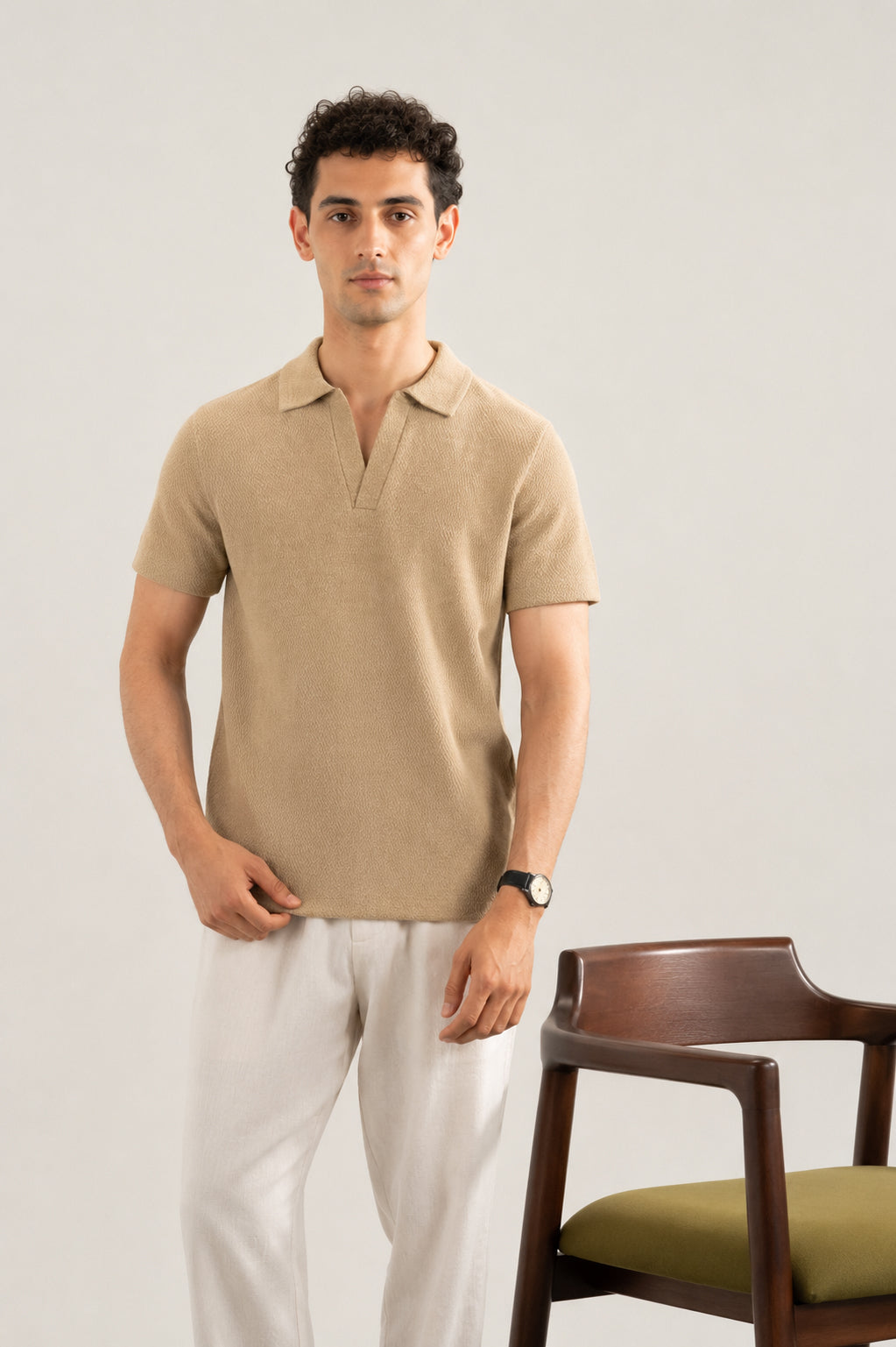 Textured Sand Beige Mesh Thermal Knit Polo - Smart Fit - Men - Men
